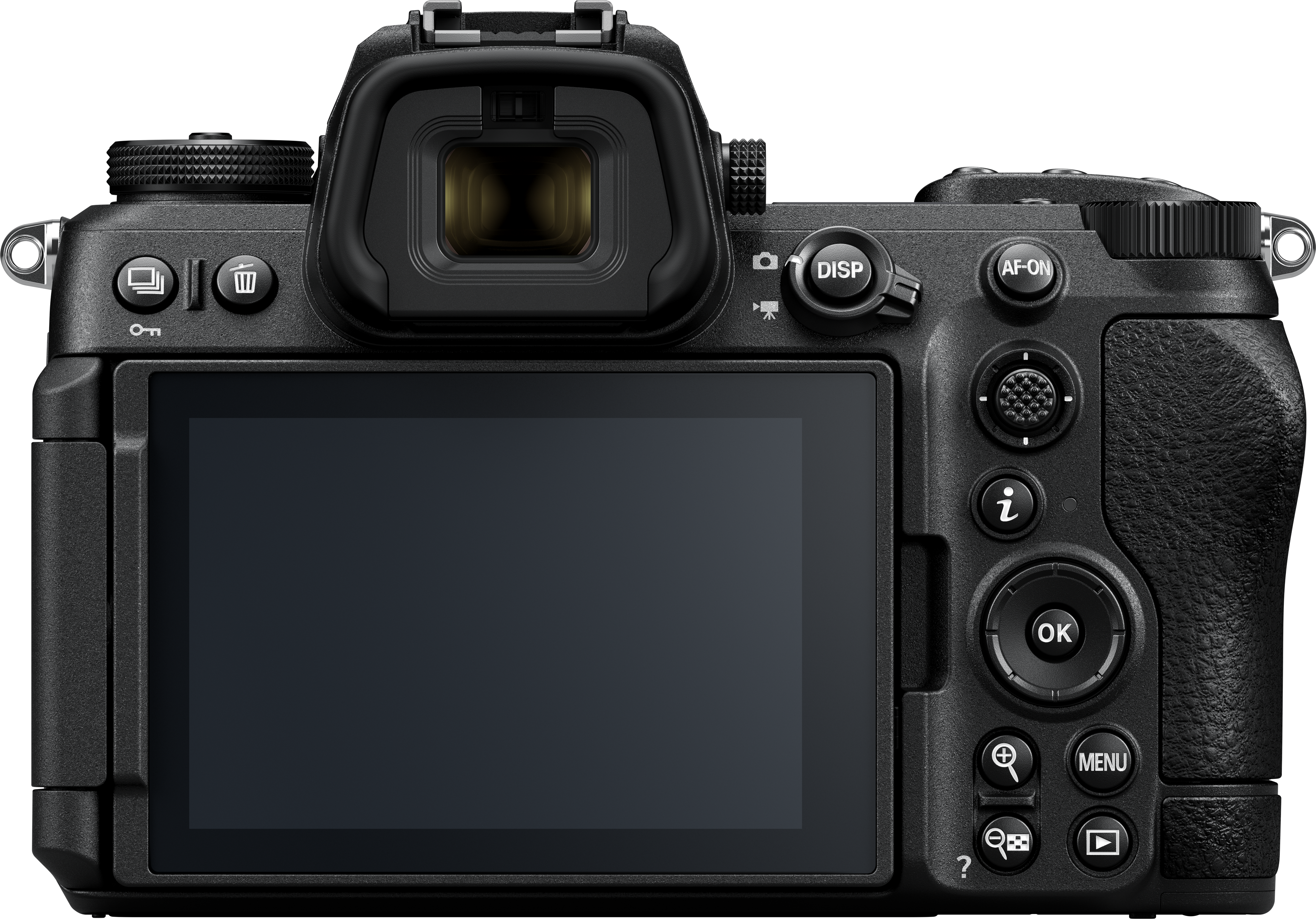 Vista posteriore della fotocamera Nikon. Mostra schermo, pulsanti e mirino.