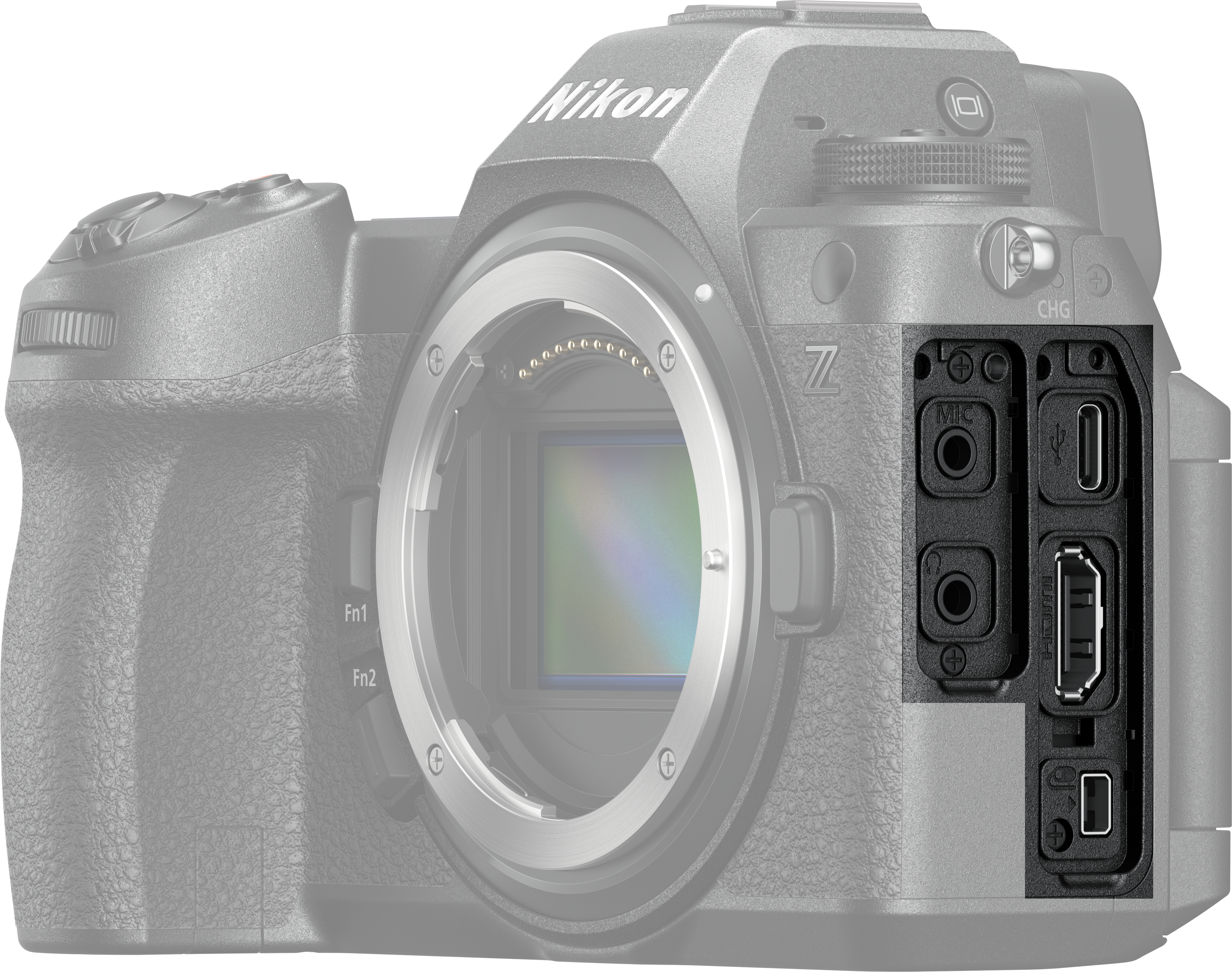 Primo piano di una fotocamera Nikon con porte e connessioni.