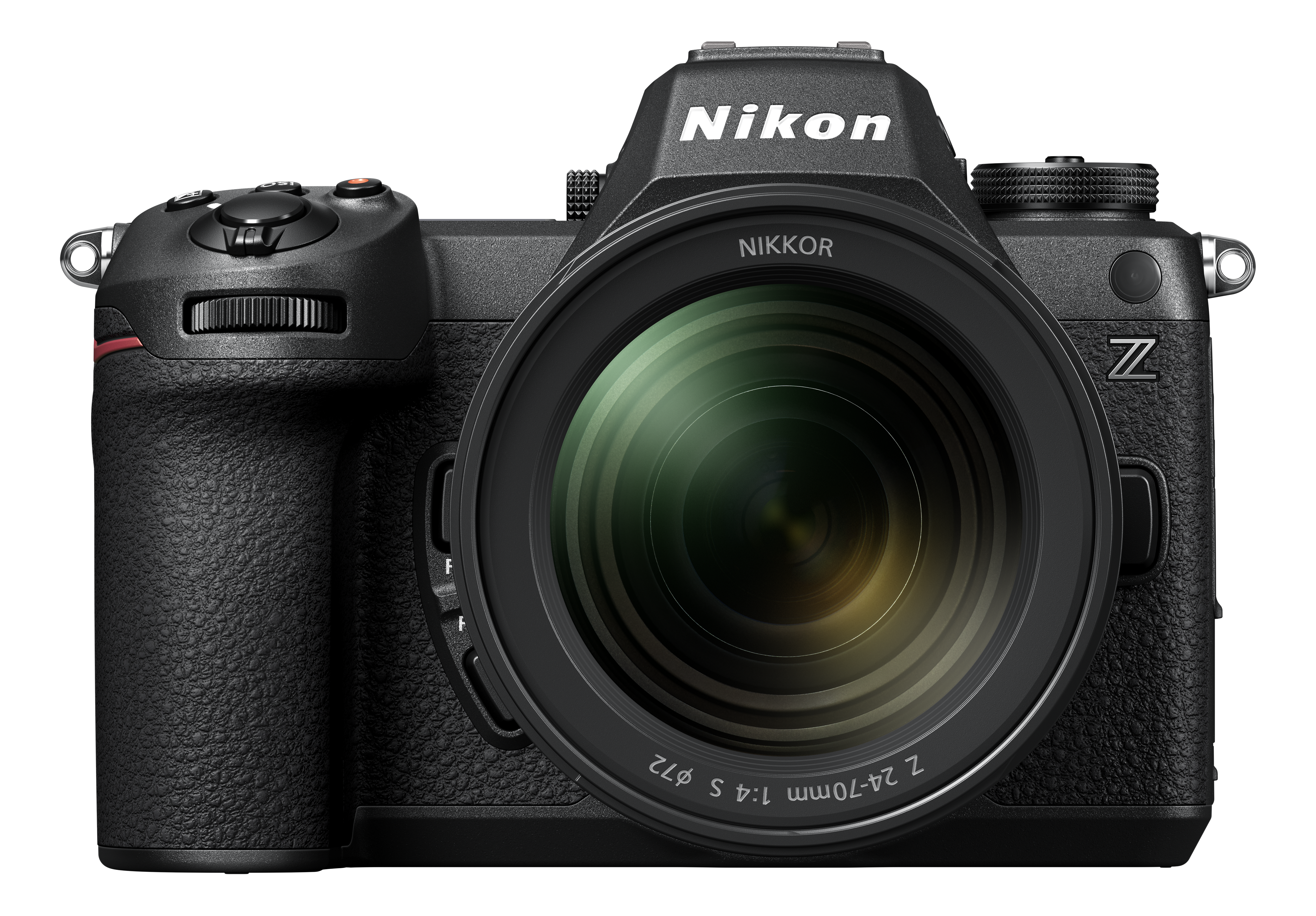 Fotocamera Nikon nera con obiettivo, vista frontale. È su sfondo bianco.