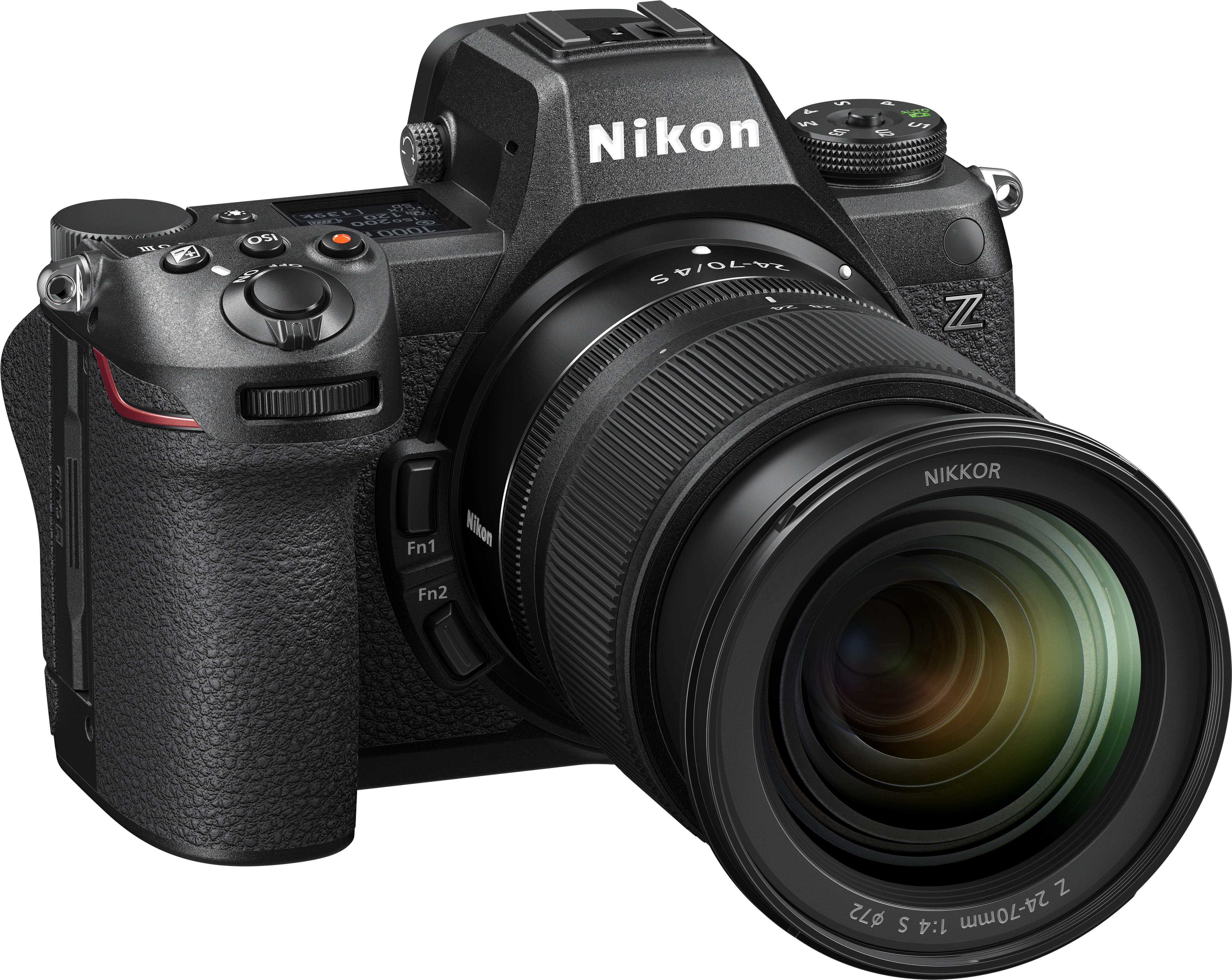 Una fotocamera nera Nikon serie Z con un obiettivo, che mostra il nome del marchio.