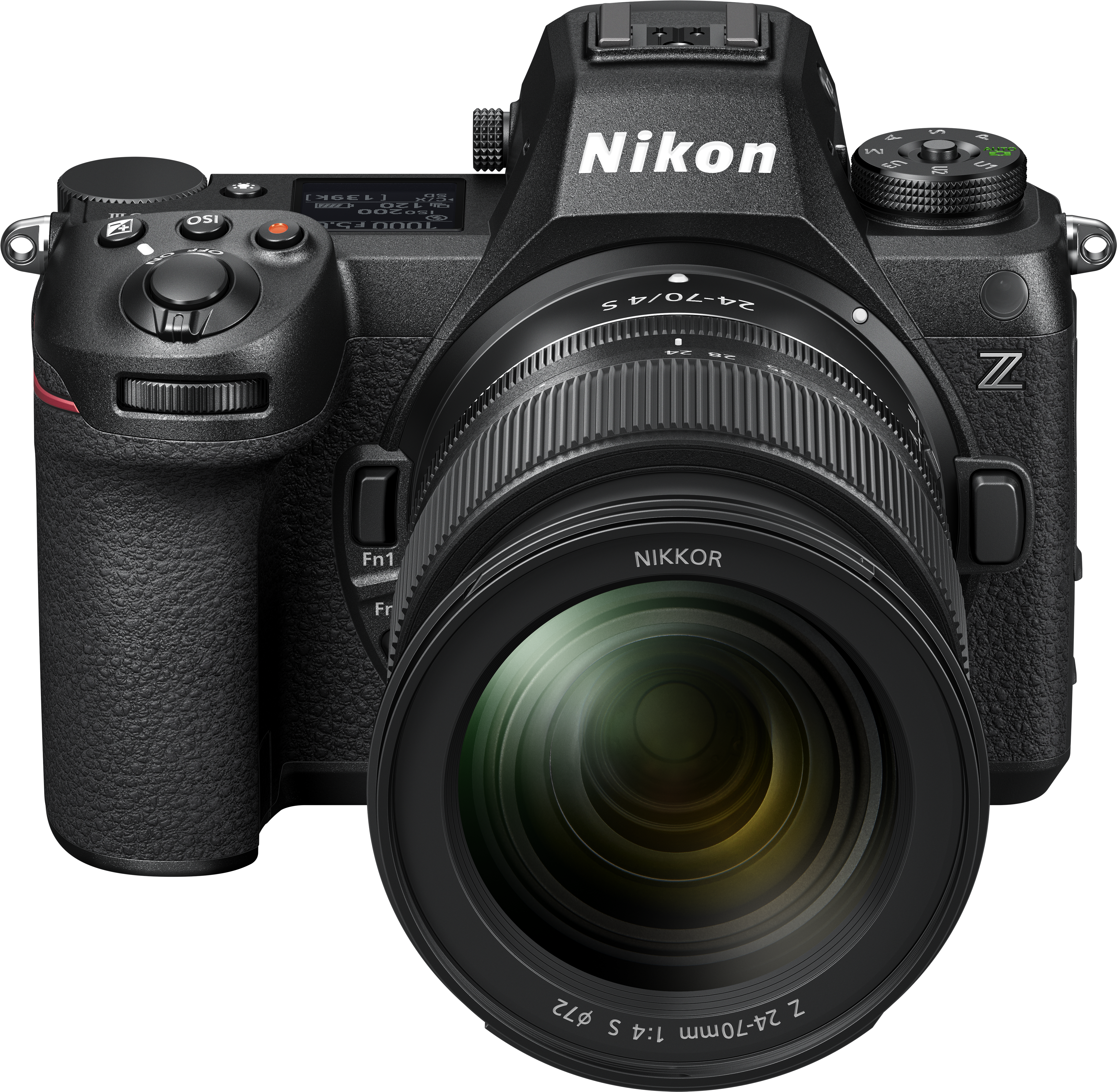 Fotocamera nera Nikon serie Z con obiettivo, che mostra il nome del marchio.