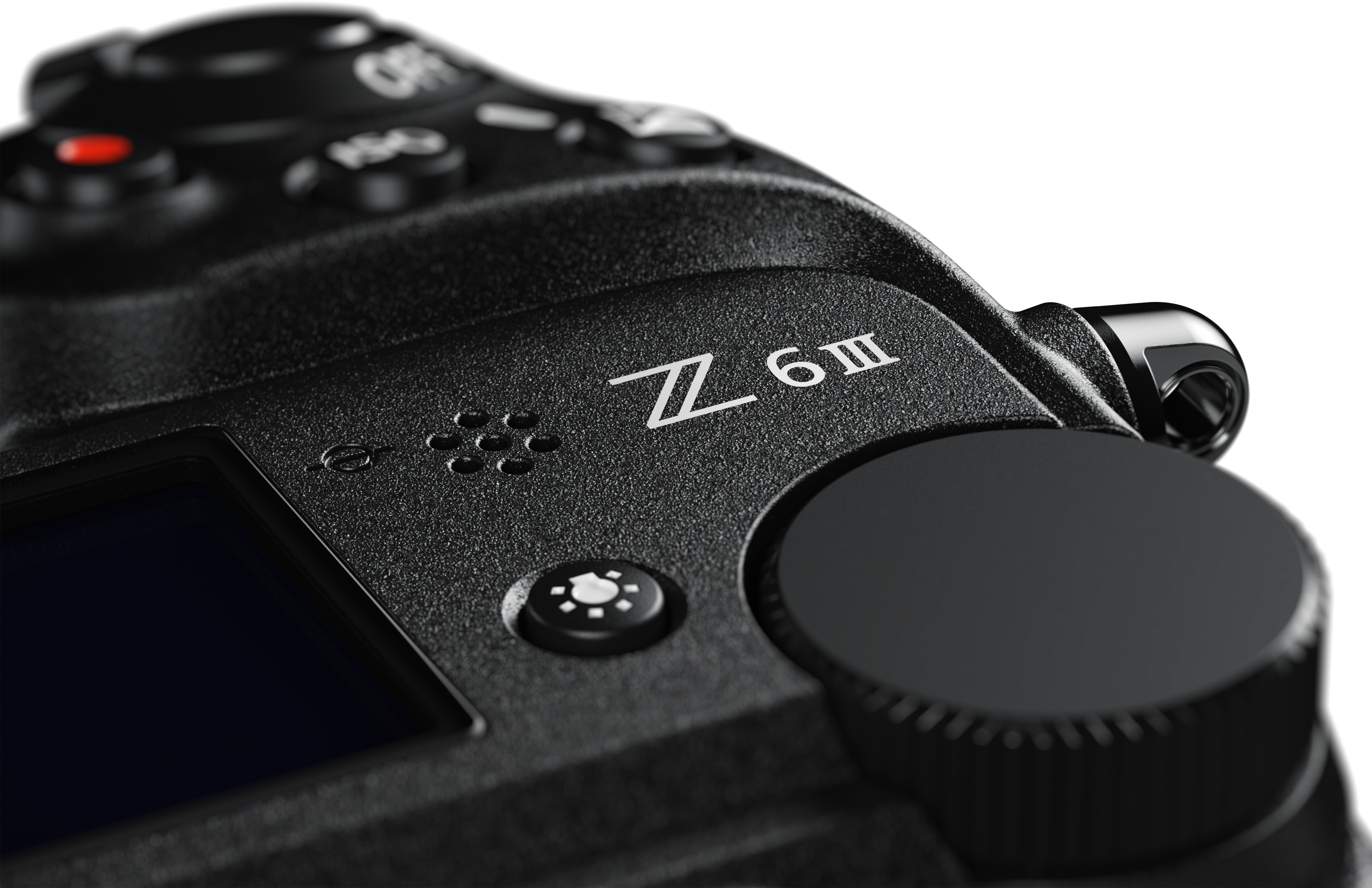 Primo piano della fotocamera con pulsanti e testo "Z 6III" stampato sulla superficie nera.