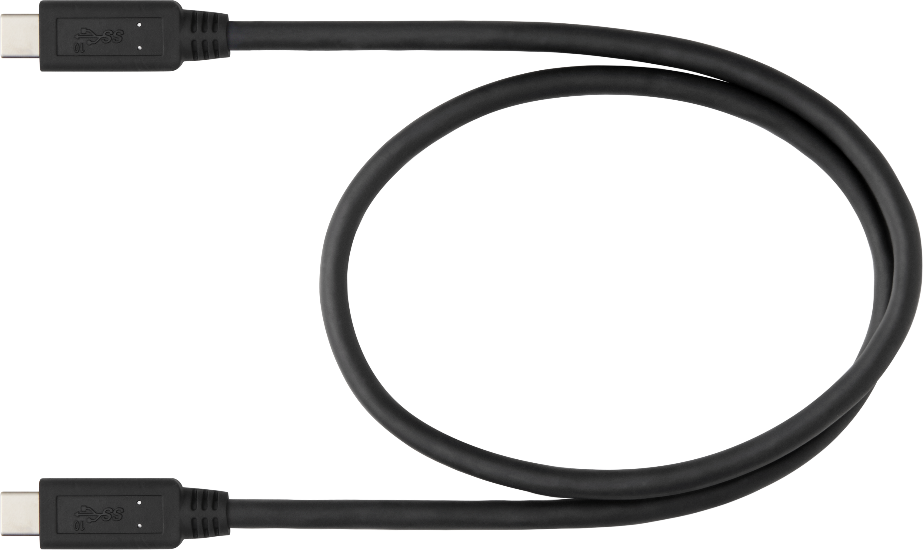Un cavo USB-C nero con connettori a entrambe le estremità.