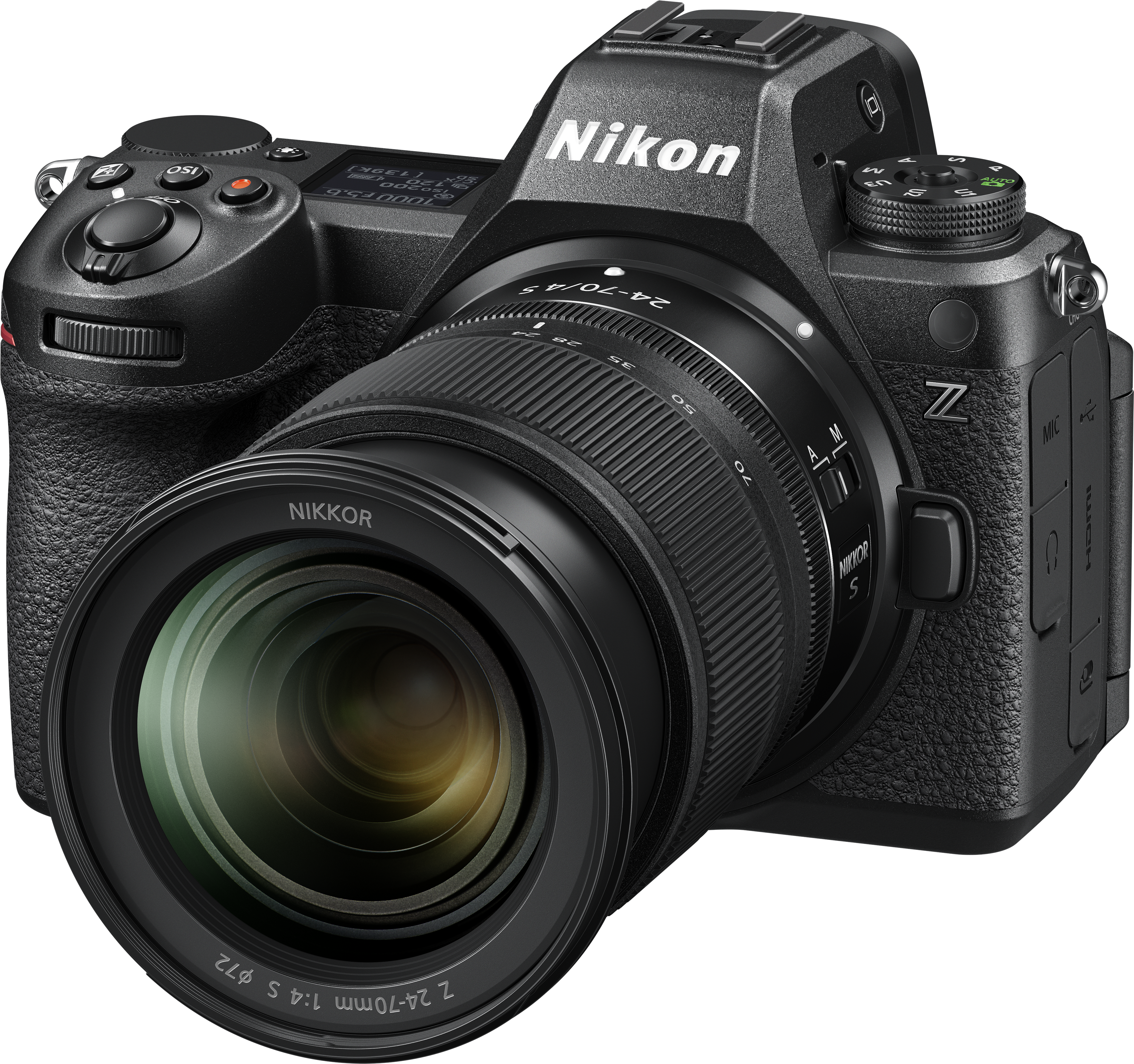 Fotocamera Nikon nera con obiettivo. L'obiettivo ha una ghiera dello zoom. La fotocamera è su sfondo bianco.