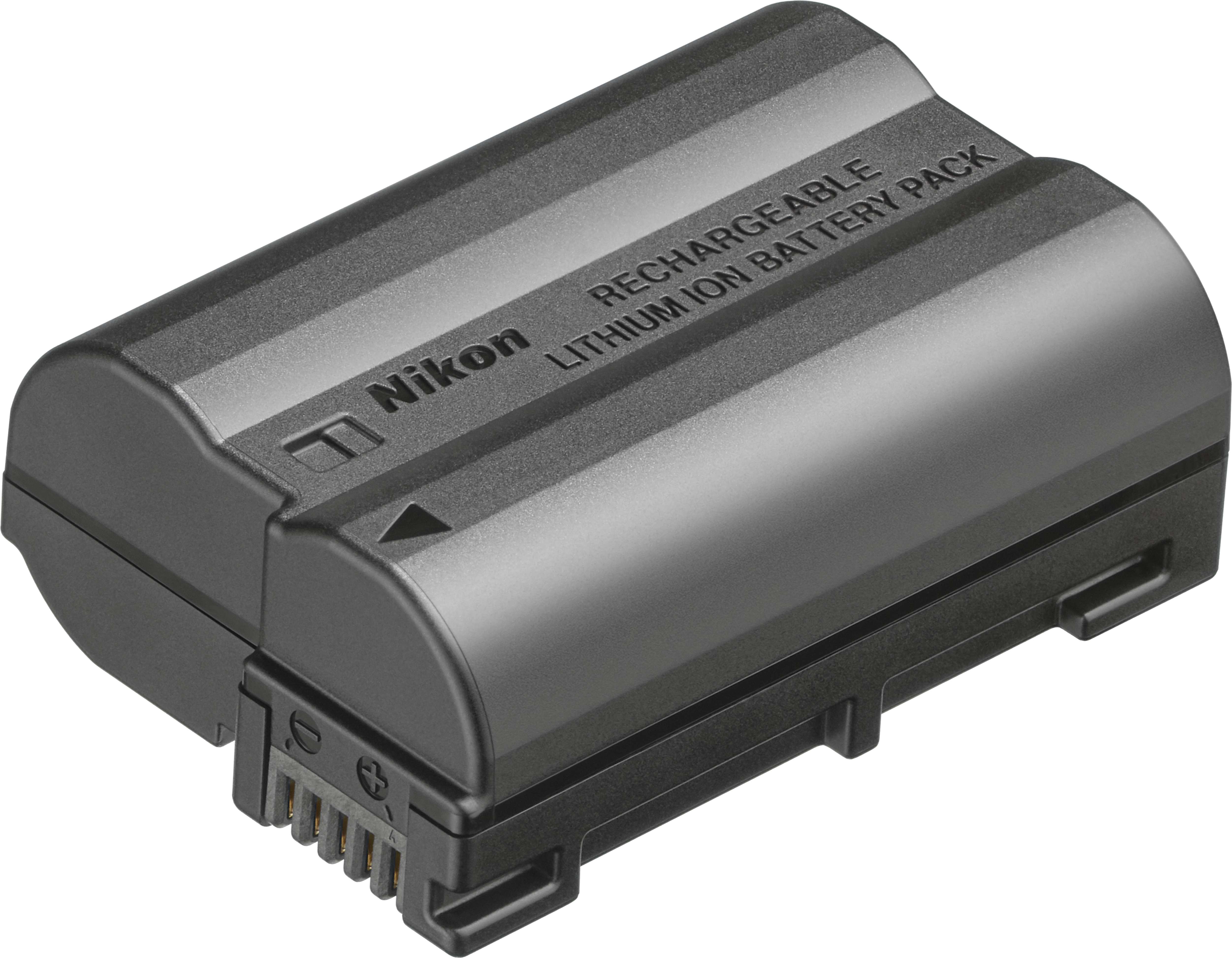 Un pacco batteria agli ioni di litio ricaricabile Nikon nero e grigio.