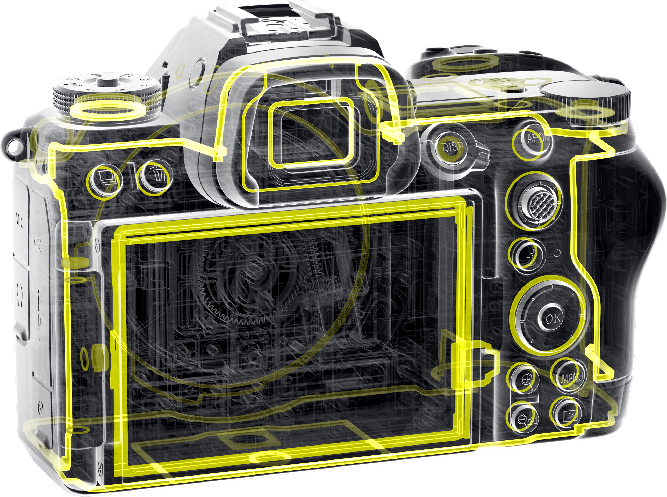 Un'immagine esplosa di una fotocamera digitale mostra i componenti interni evidenziati in giallo su sfondo nero.