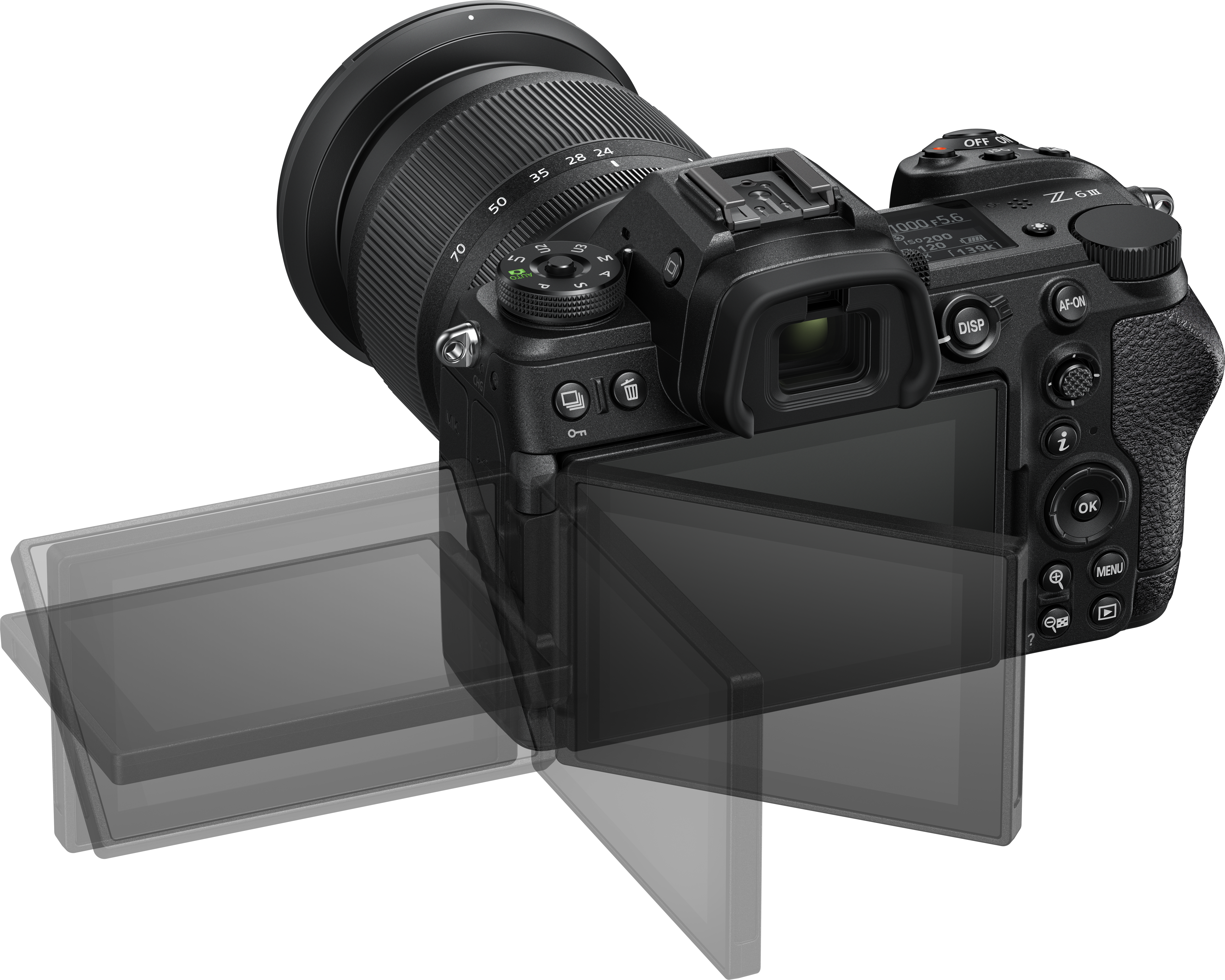 Fotocamera nera con obiettivo, schermo aperto, mostra l'immagine.