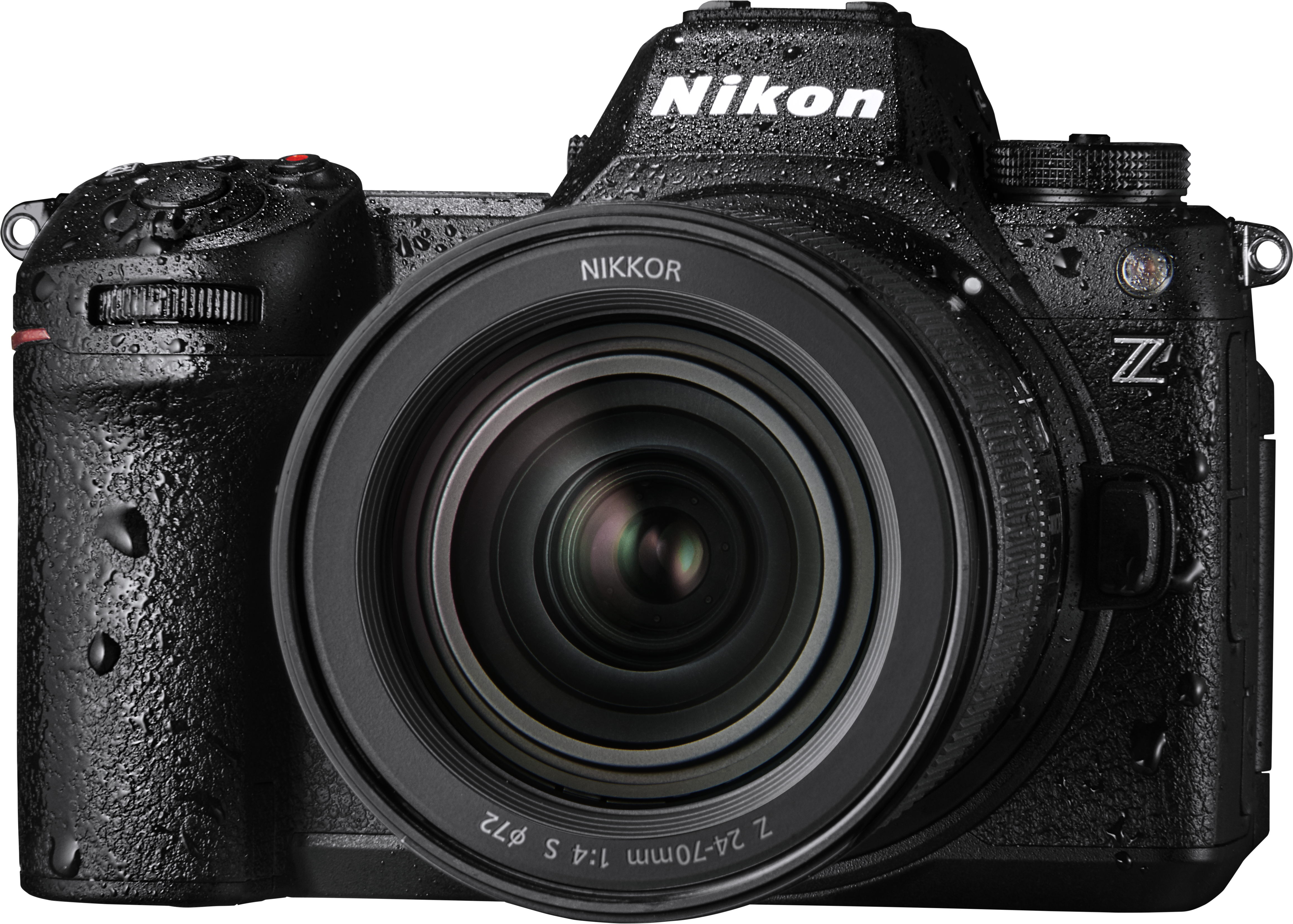 Una fotocamera nera Nikon serie Z con goccioline d'acqua sulla sua superficie e un obiettivo.