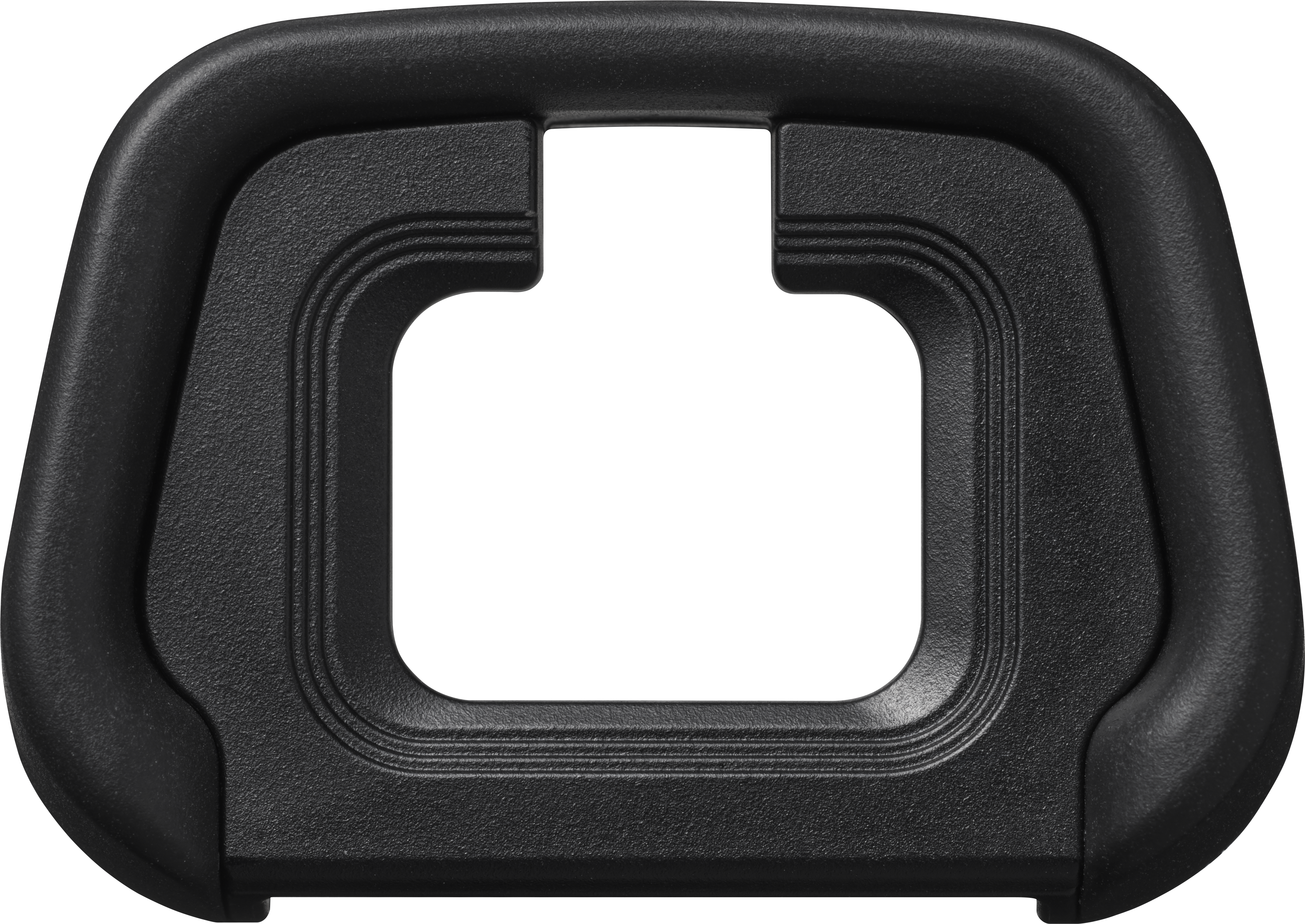 Un oculare in gomma nera per una fotocamera, con apertura quadrata e bordi curvi.
