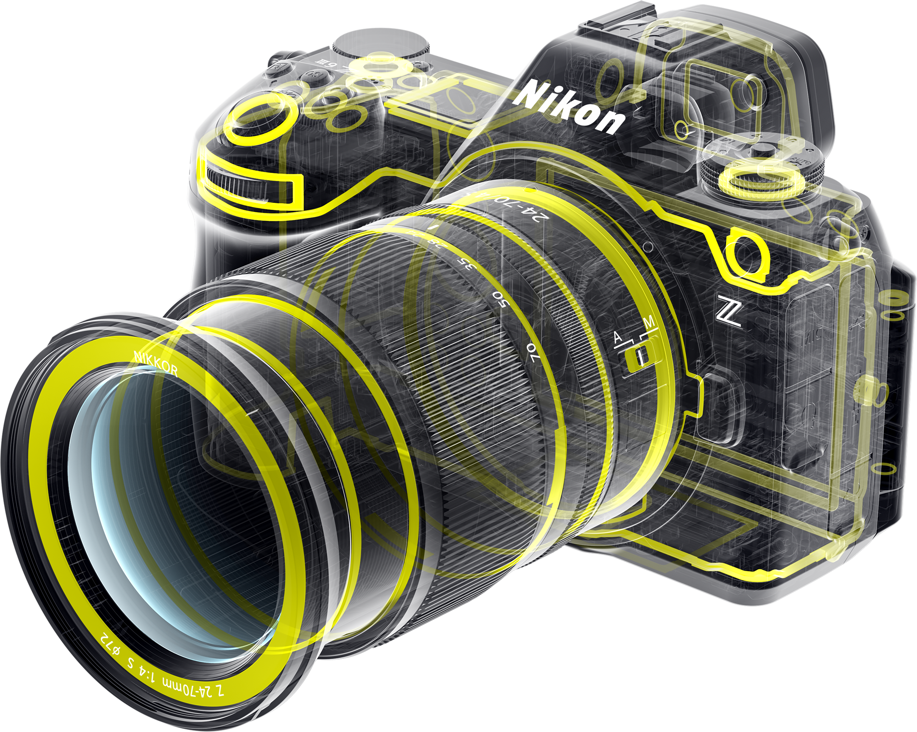 Fotocamera Nikon con corpo trasparente, contorno giallo. Obiettivo davanti, pulsanti in alto. Sfondo nero.