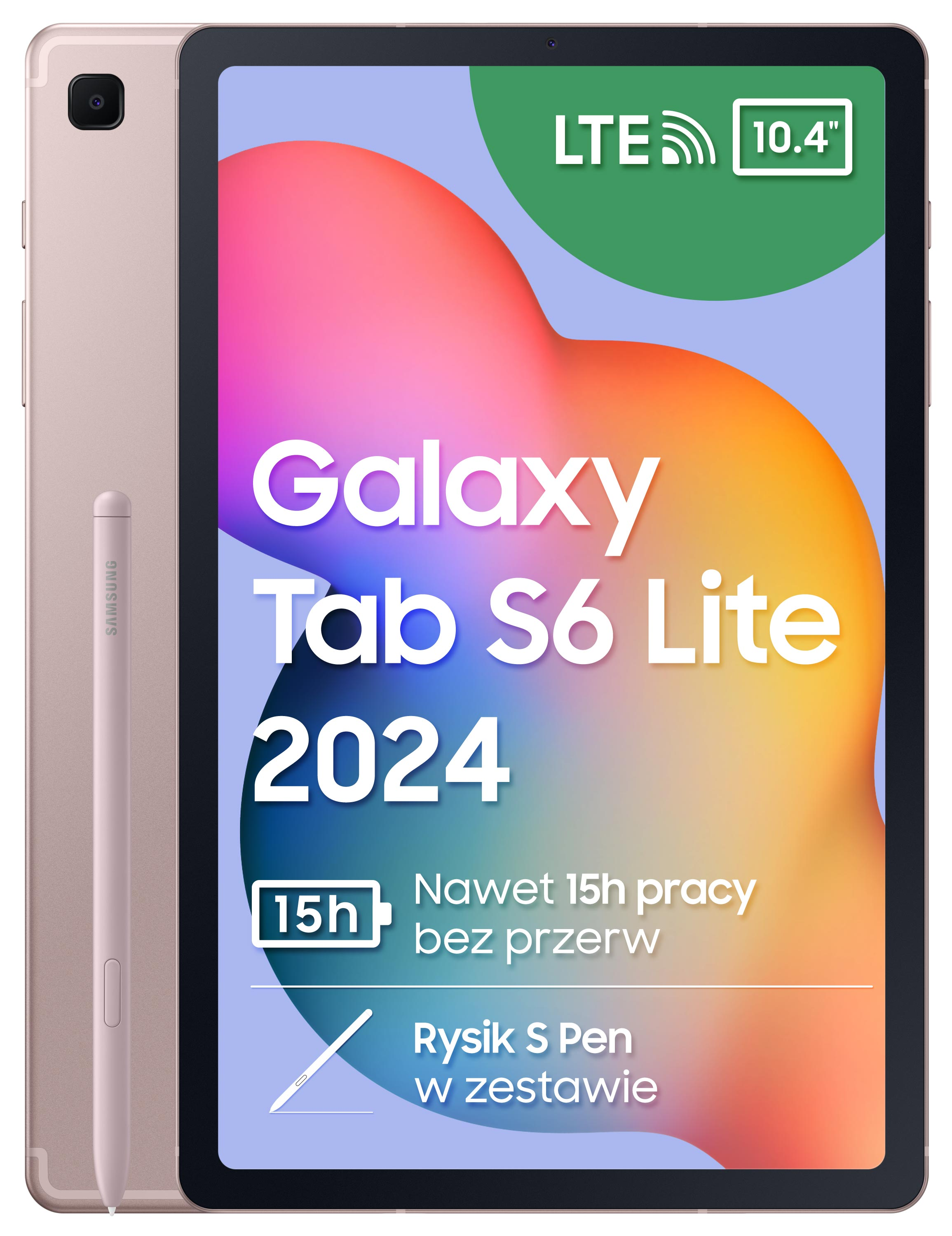 Tablet w kolorze różowego złota z rysikiem; tekst i grafika na ekranie, w tym ilustracja.