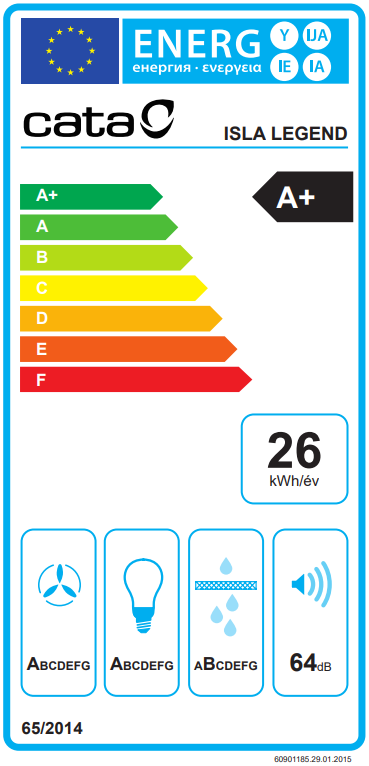 Energia címke egy Cata Isla Legend páraelszívóhoz. Energiahatékonysági besorolást és egyéb részleteket mutat.