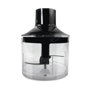 Transparante plastic blender opzetstuk met zwarte motorbehuizing en messen, geïsoleerd op wit.