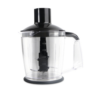 Blender. Transparante container met zwart deksel en een mes in het midden. Handvat zichtbaar.