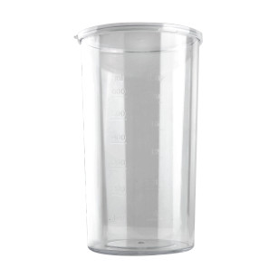 Transparante plastic blenderbeker met maatstrepen.
