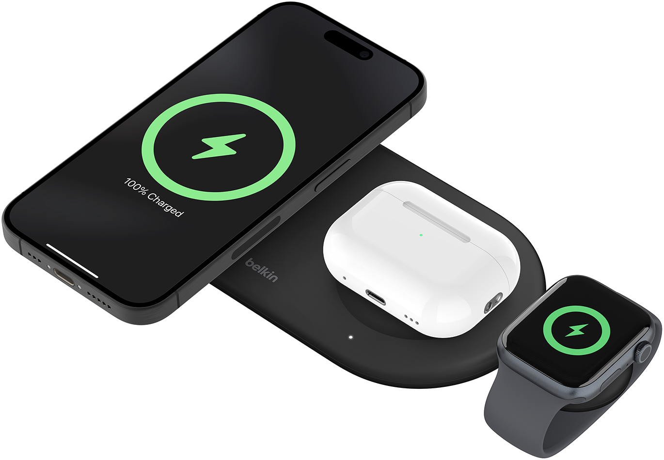 Vezeték nélküli töltőpad telefonnal, AirPod-okkal és Apple Watch-csal.