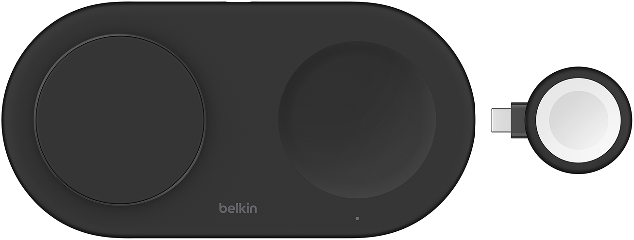 Fekete töltőpad két körrel és egy töltőpuck az Apple Watch számára. Belkin logó.