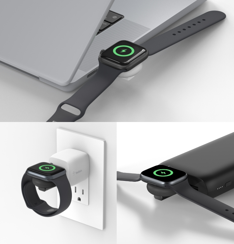 Egy Apple Watch töltése laptopon, fali aljzaton és power banken.