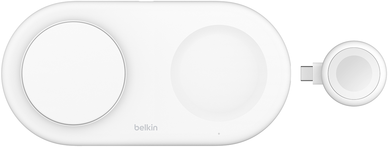 Fehér Belkin töltőállomás több eszközhöz, elegáns, letisztult dizájnnal.