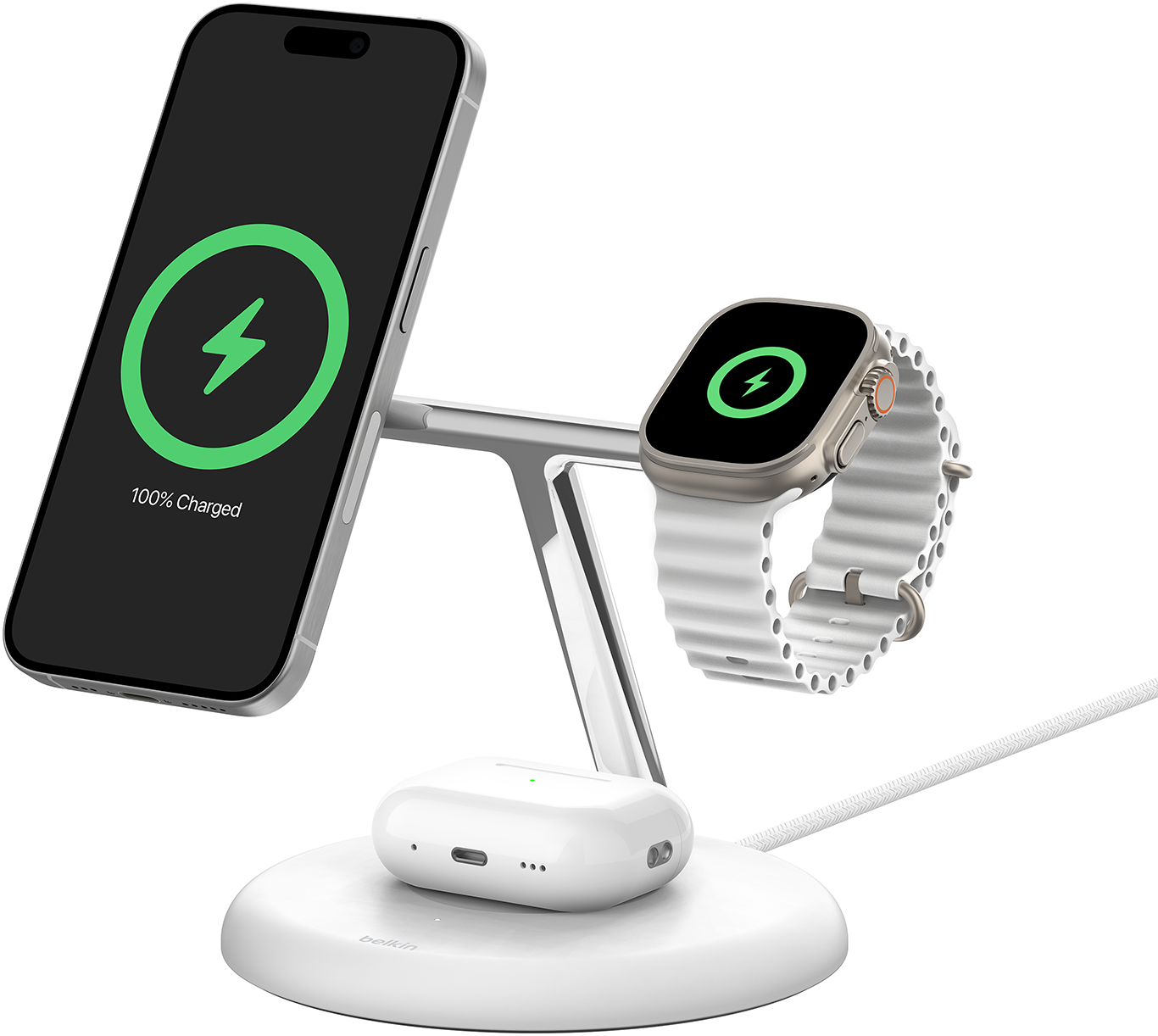 Egy töltőállomás telefonnal, órával és fülhallgatóval, mind vezeték nélkül töltődik.