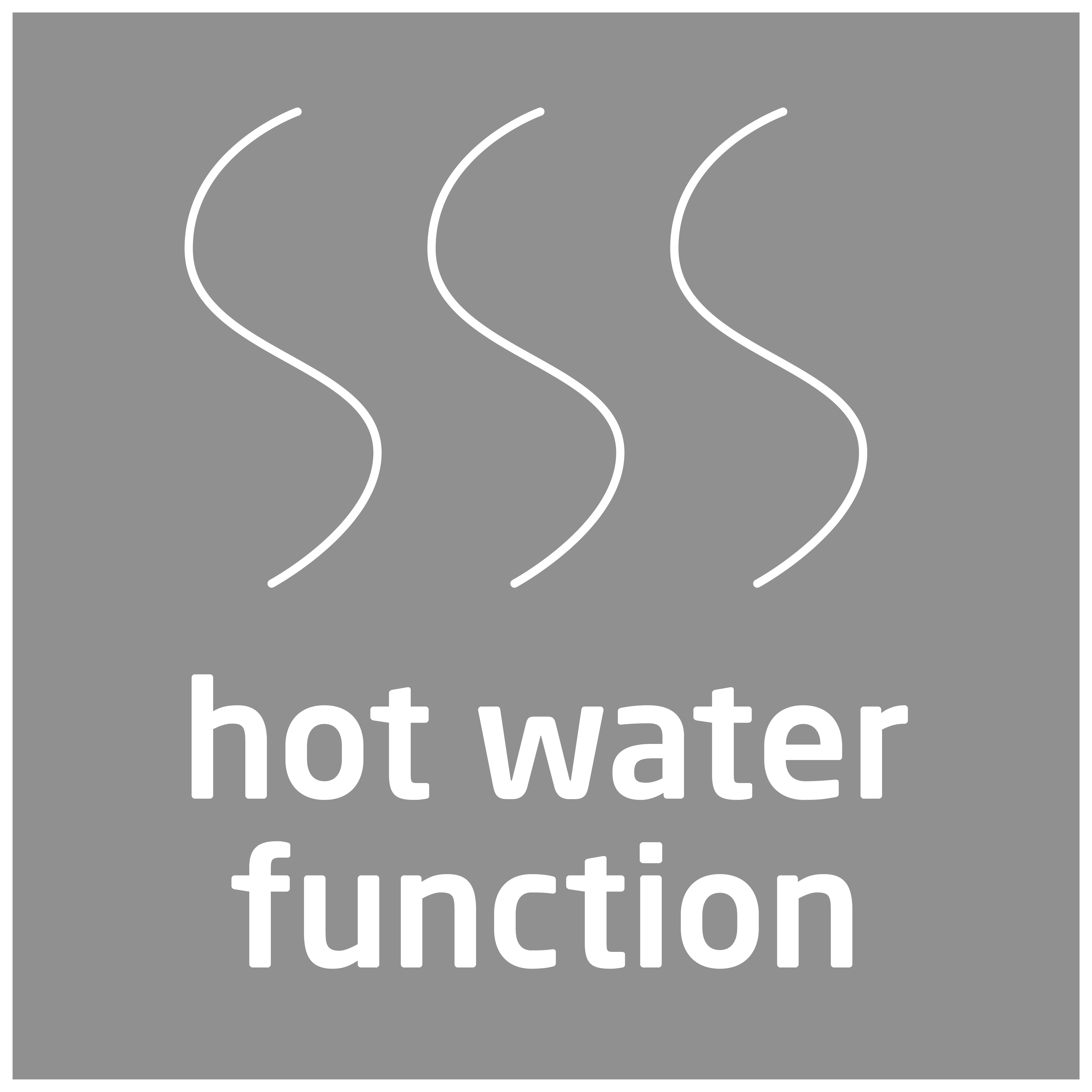Graues Quadrat mit weißem Text: „Heißwasserfunktion“ und drei weiße geschwungene Linien darüber.