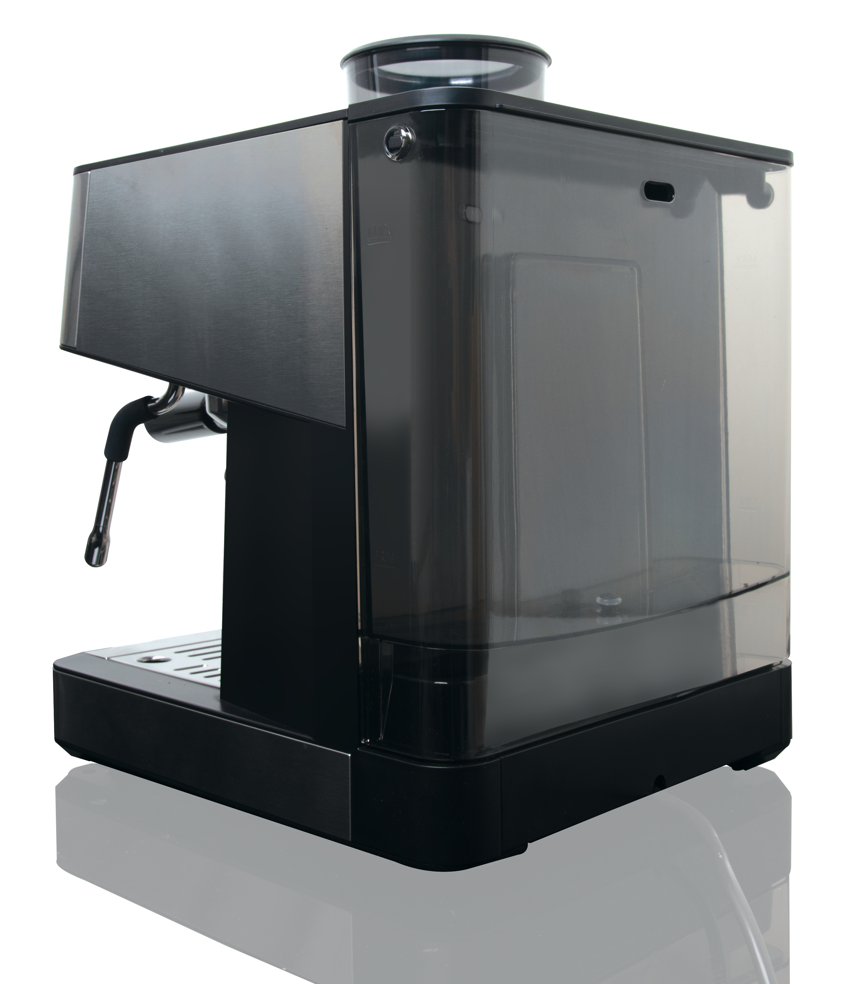 Eine Kaffeemaschine mit dunklem Farbschema, Wassertank an der Seite sichtbar.