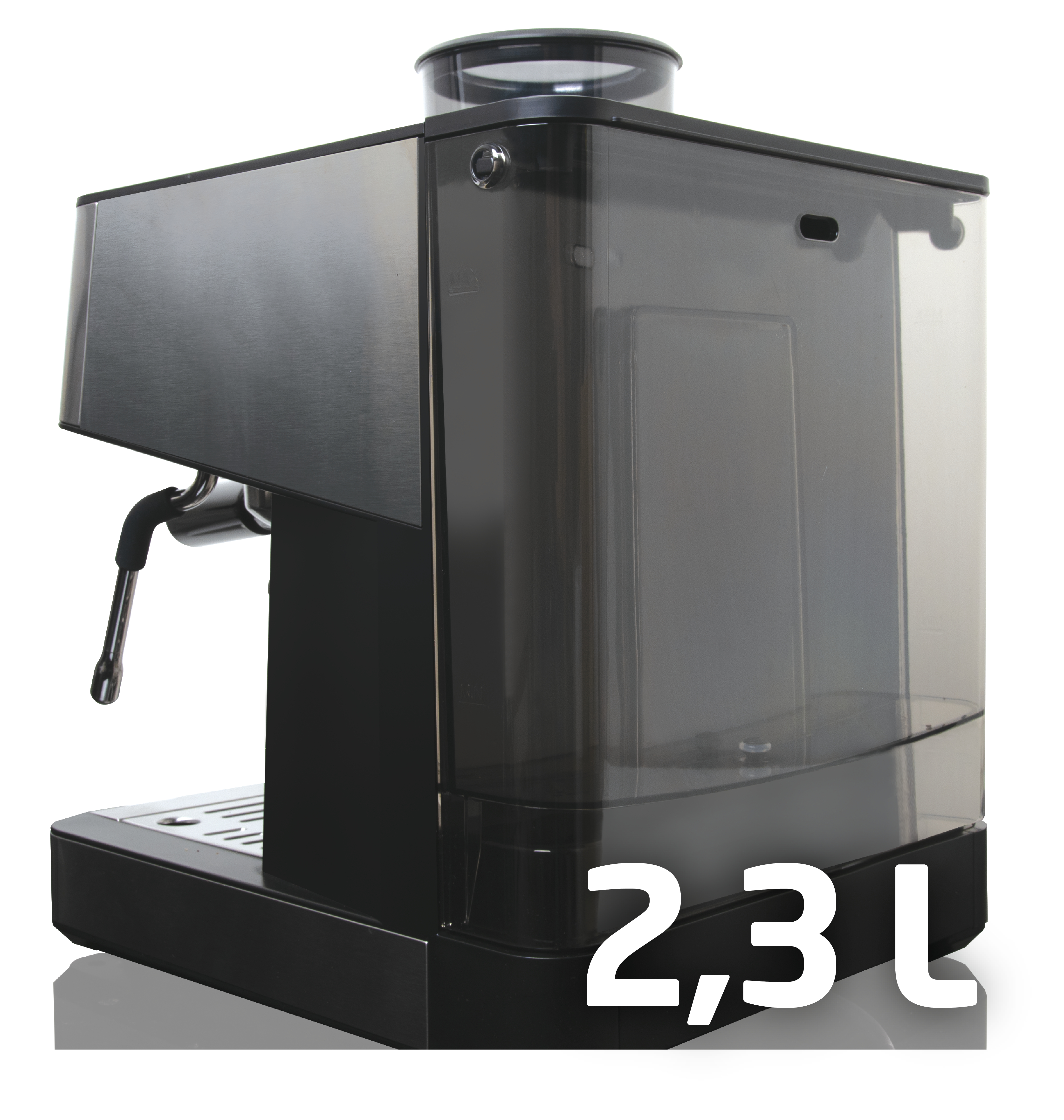Espressomaschine mit schwarzem Gehäuse, Wassertank und silbernem Ausguss. '2,3l' wird angezeigt.