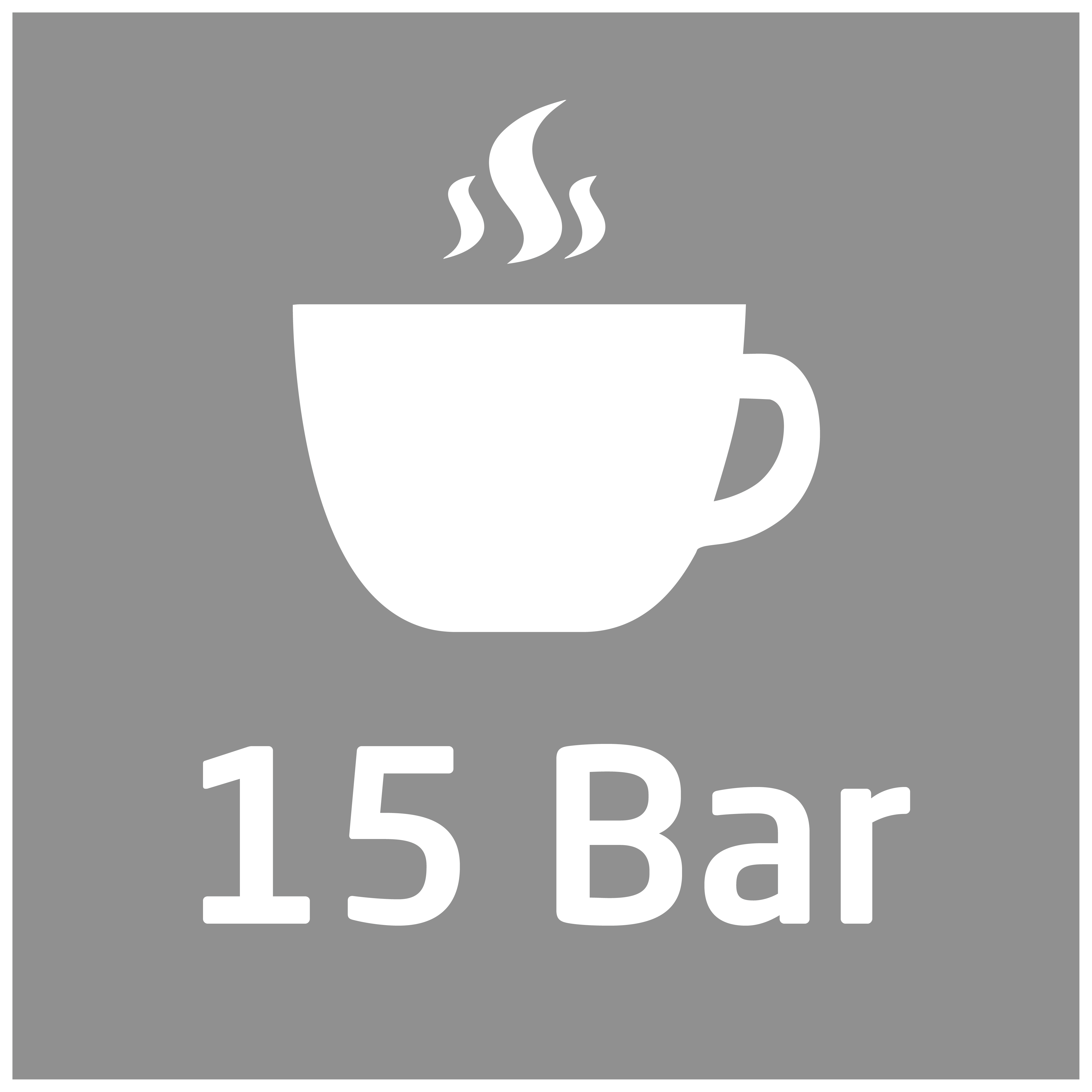 Ein weißes Kaffeetassen-Symbol mit aufsteigendem Dampf und dem Text „15 Bar“ darunter auf grauem Hintergrund.