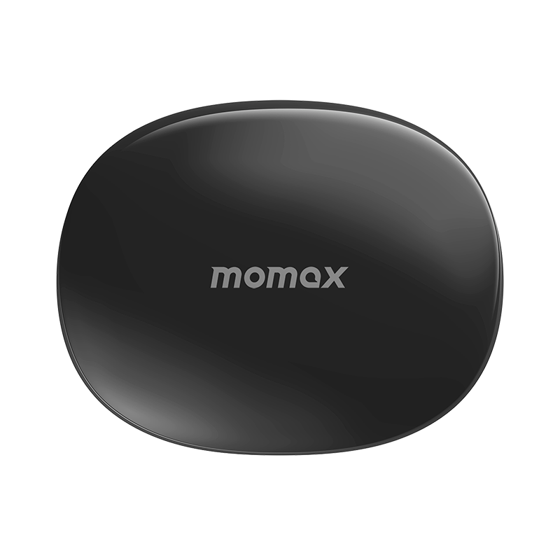 'momax' yazılı, siyah, oval şeklinde bir kablosuz şarj cihazı.