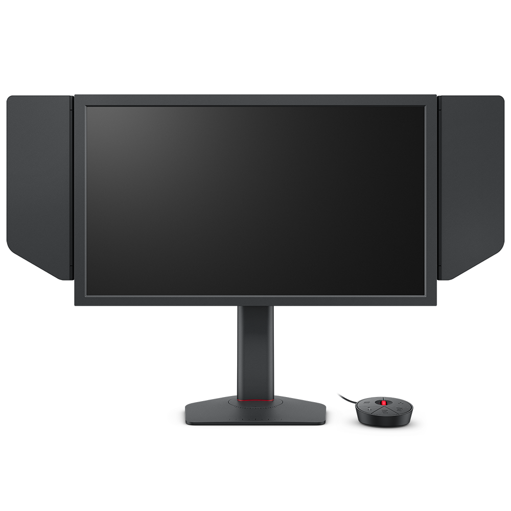 Ein BenQ-Monitor mit Seitenblenden und einem Steuerungsrad.