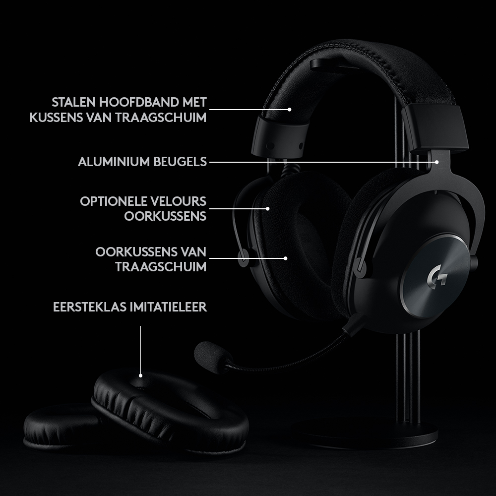 Black headphones on a stand. Labels point to the headband, ear cushions, and microphone.