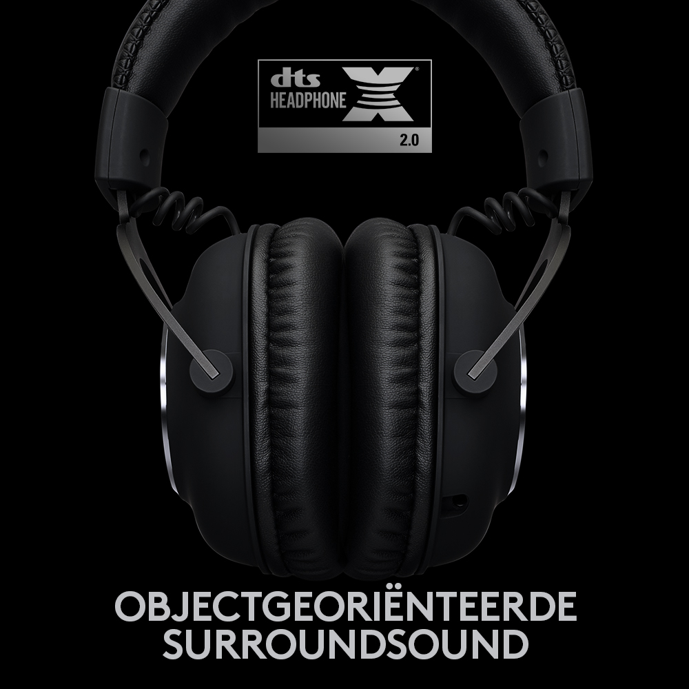 Black headphones with text and logo on a black background. DTS Headphone:X logo.