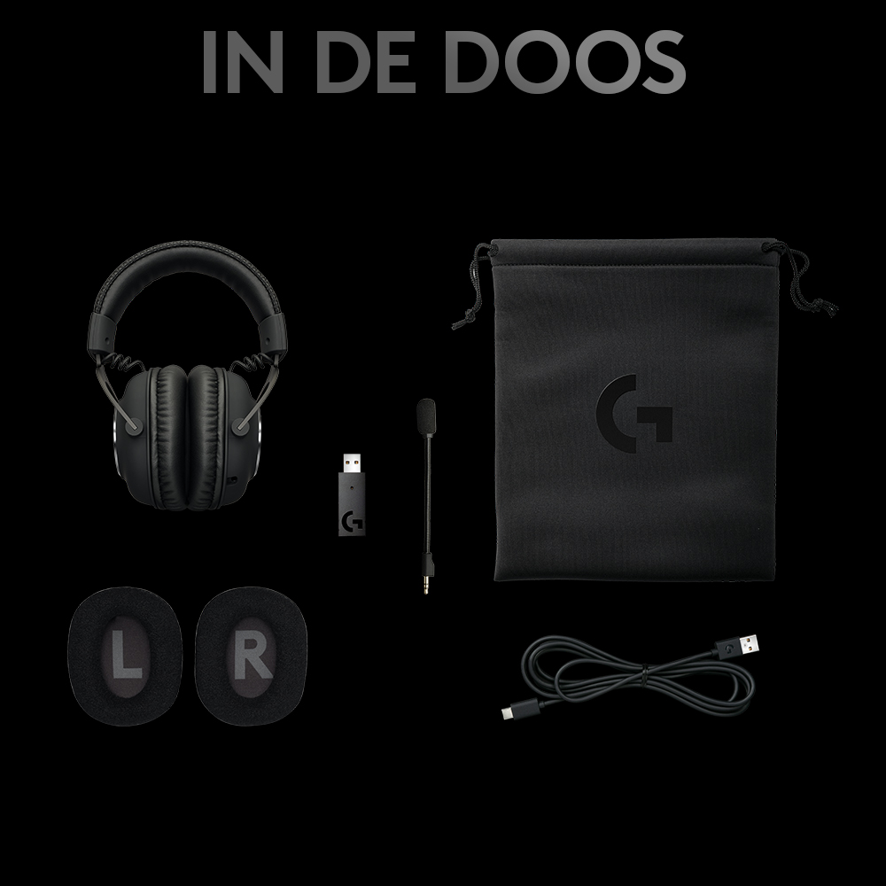 Headset, wireless receiver, mic, cable, and ear pads, all in black.