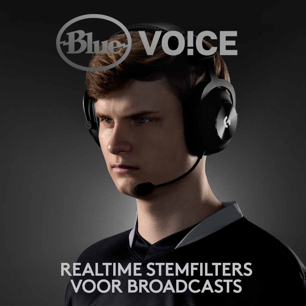 A man wearing black headphones and a microphone, with text 'Blue VO!CE'.