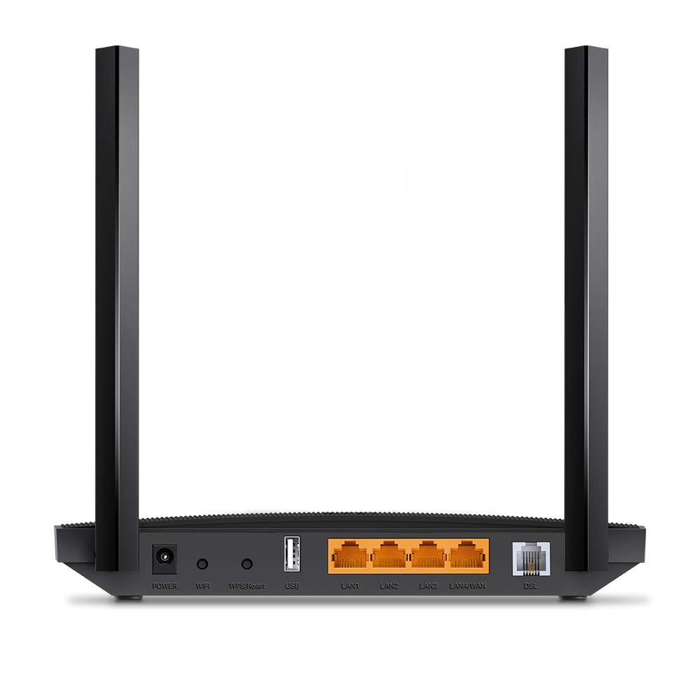 Antenleri ve bağlantı noktaları etiketli siyah bir TP-Link yönlendirici.