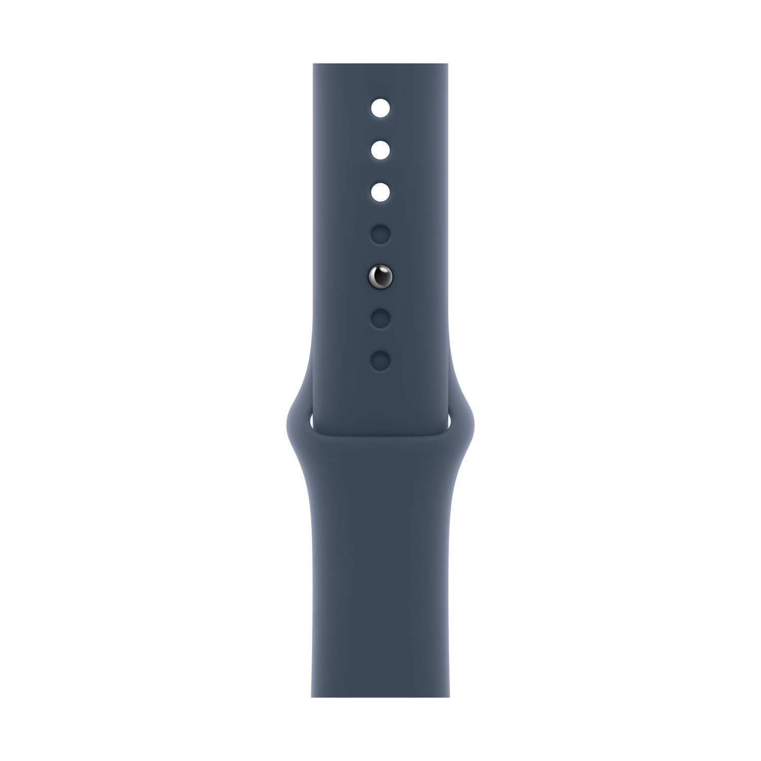 Un bracelet bleu Apple Watch avec une goupille et des trous pour le réglage. C'est un design simple.