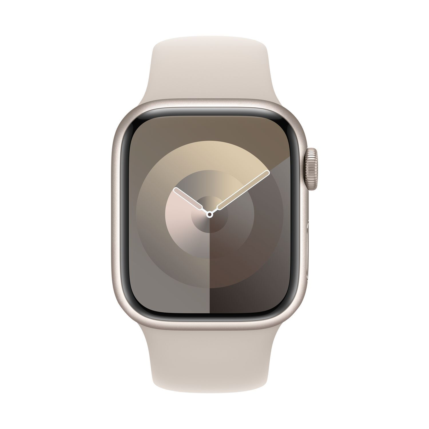 Een Apple Watch met een beige bandje. De wijzerplaat toont een verloop met een witte wijzer.