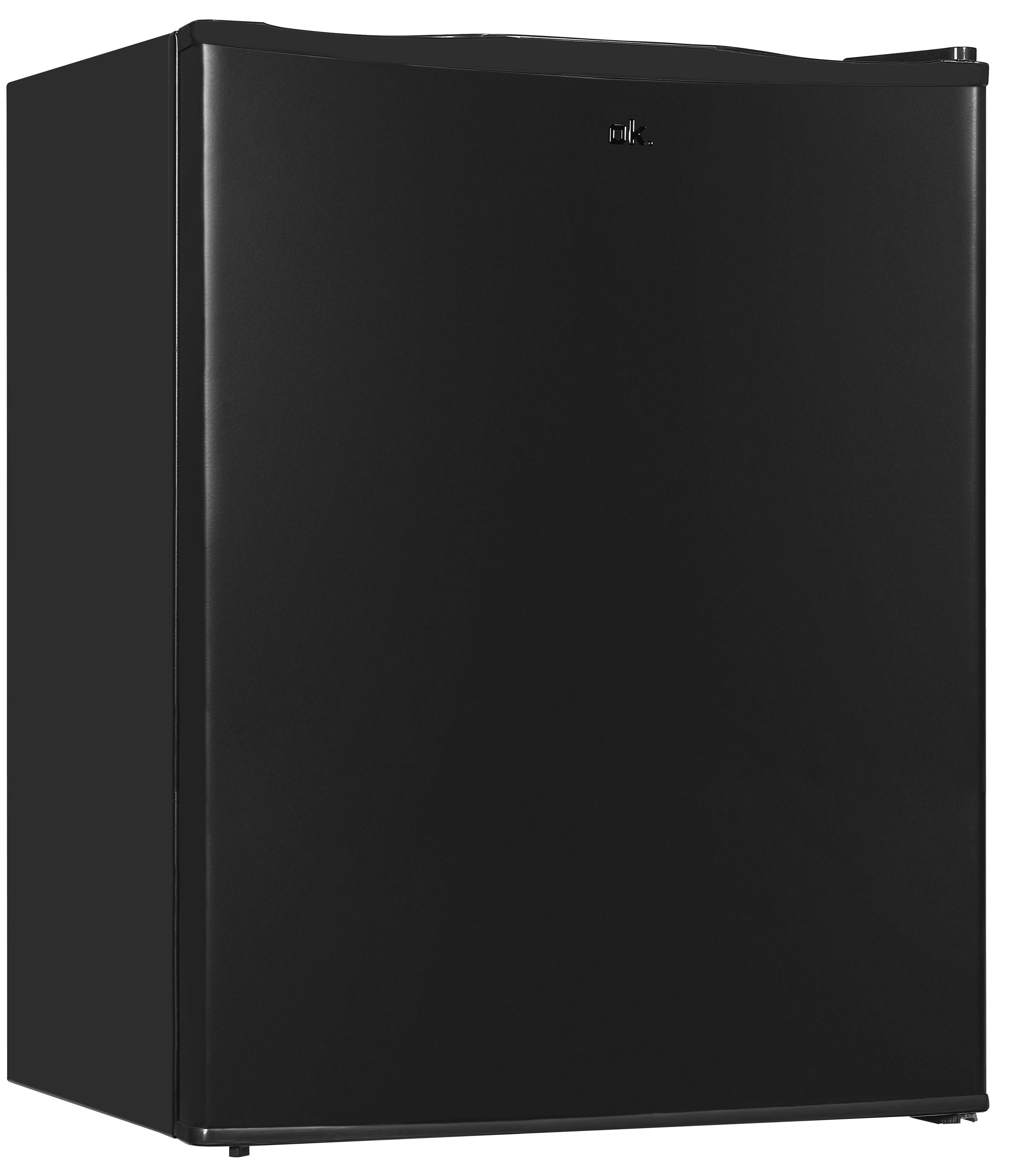 Ein schwarzer Mini-Kühlschrank, Vorderansicht, mit einfachem Design.