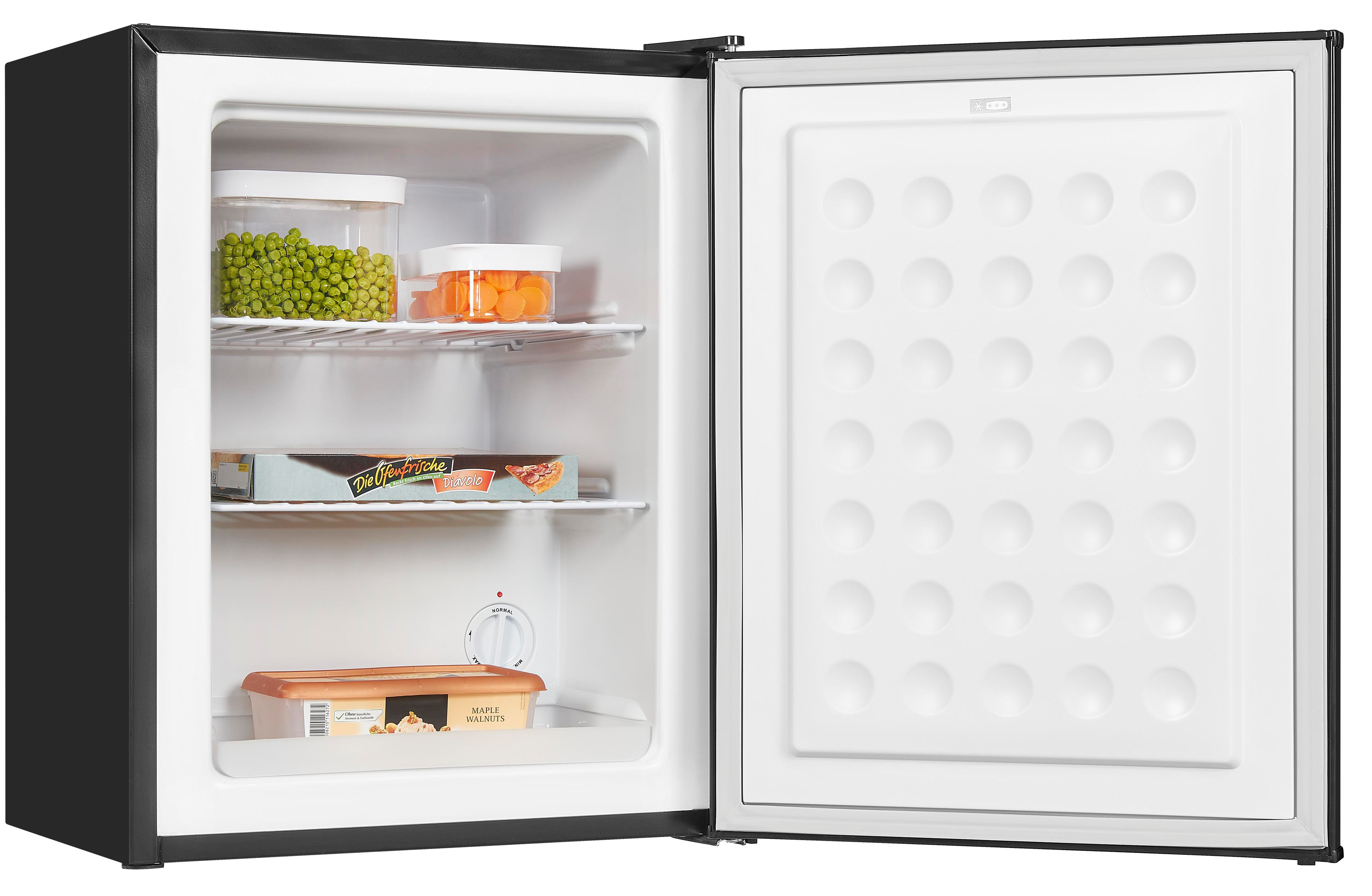 Offener Mini-Kühlschrank mit Regalen, die Lebensmittel wie Erbsen, Karotten und Tiefkühlpizza enthalten.