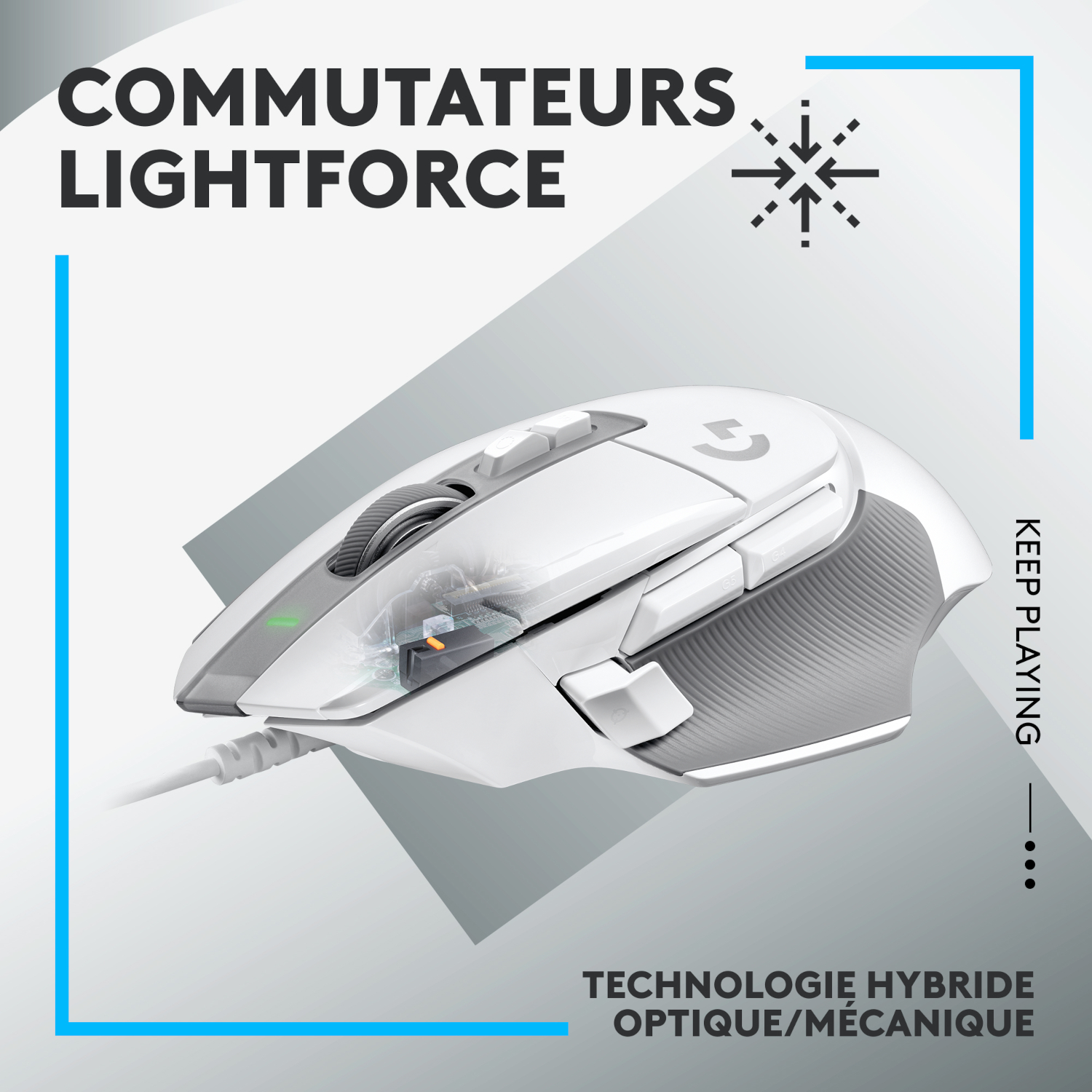 Souris gaming blanche avec contour bleu et texte sur les commutateurs Lightforce.
