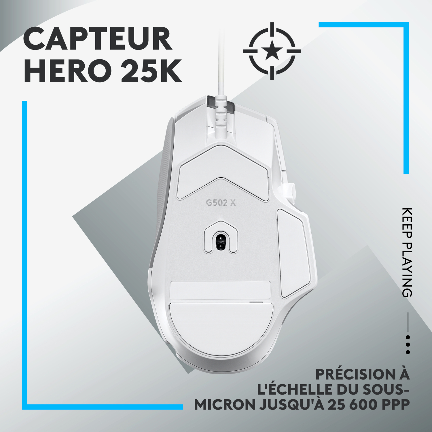 Souris gaming blanche avec étiquettes, texte et icône de cible.