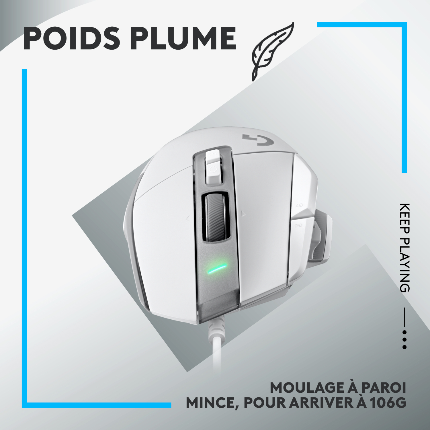 Souris gaming blanche avec accents gris. Texte bleu dans le coin. Contour carré bleu clair.