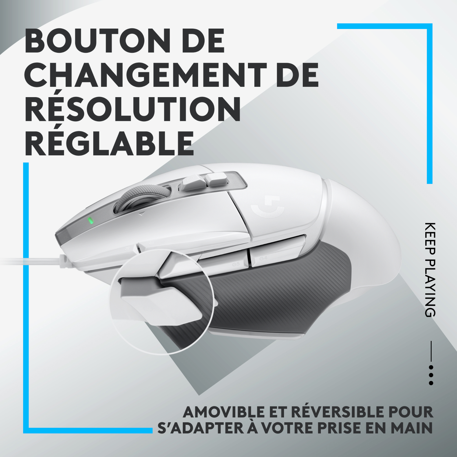 Souris gaming blanche avec prise grise et bouton de résolution réglable. Texte 'Keep Playing' visible.