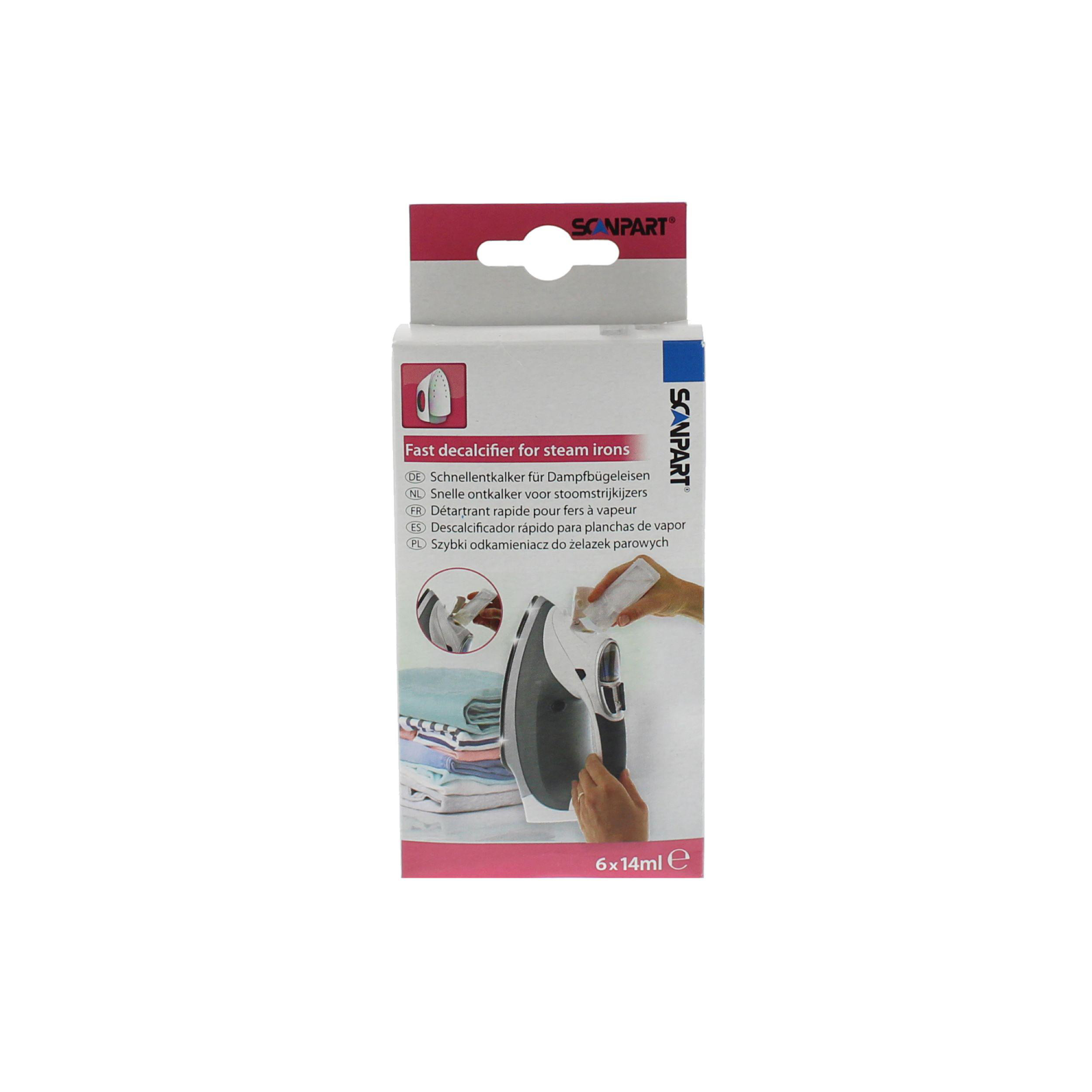 Packung Entkalker für Dampfbügeleisen, mit Bügeleisen und Anleitung.
