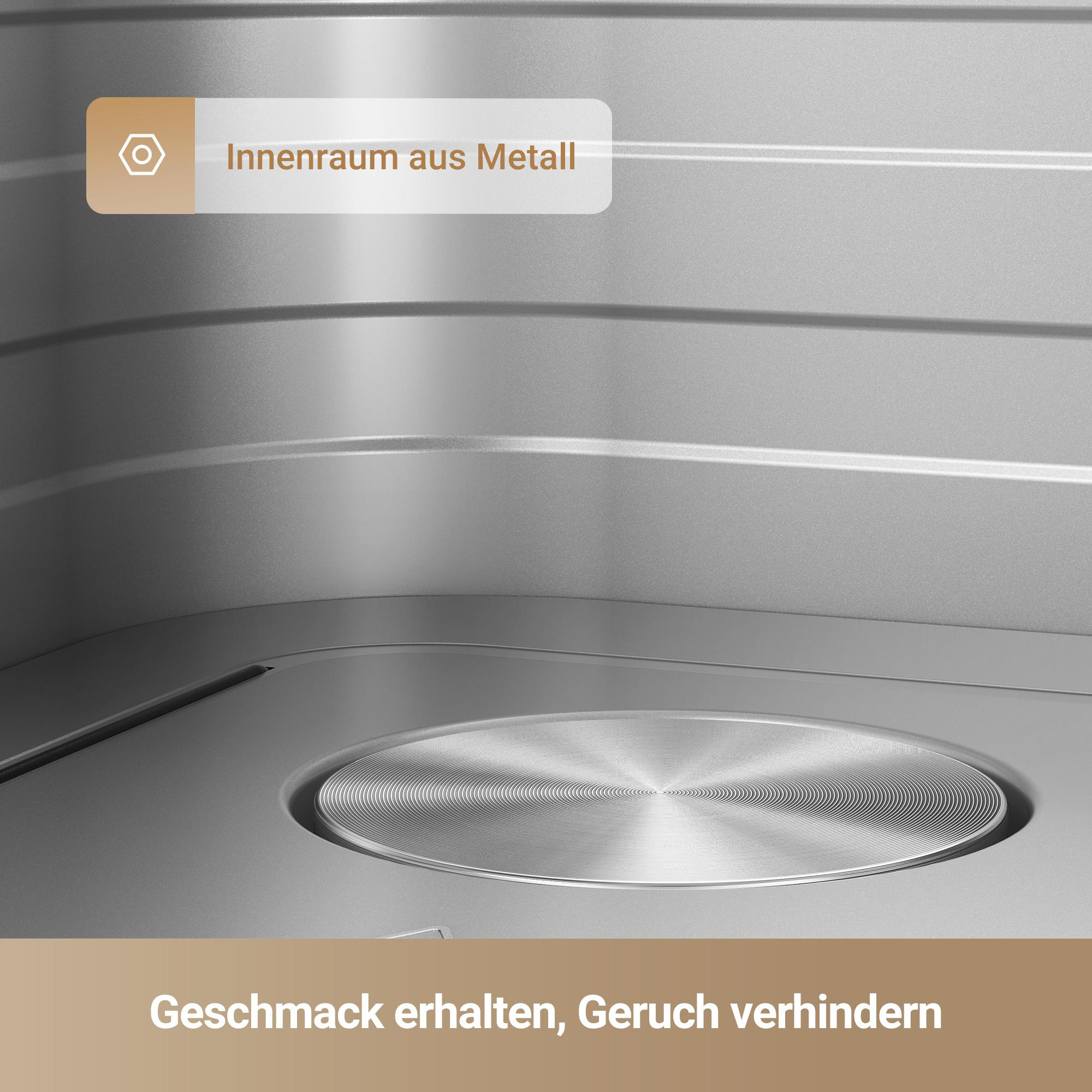 Innenraum der Küchenhaube. Metalloberfläche mit Text, "Innenraum aus Metall". Darunter, "Geschmack erhalten, Geruch verhindern"