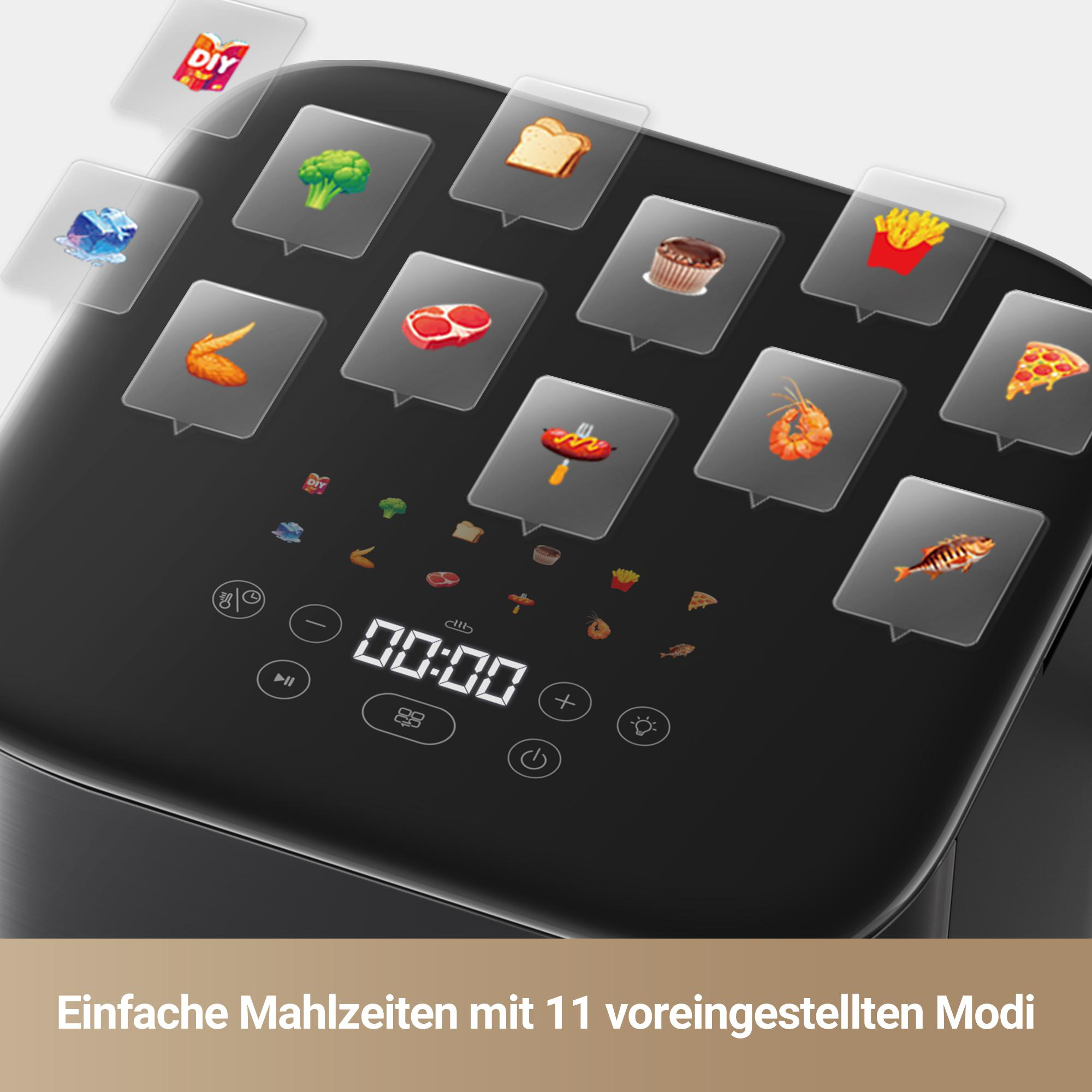 Schwarze Heißluftfritteuse mit Digitalanzeige und Symbolen für verschiedene Speisen.