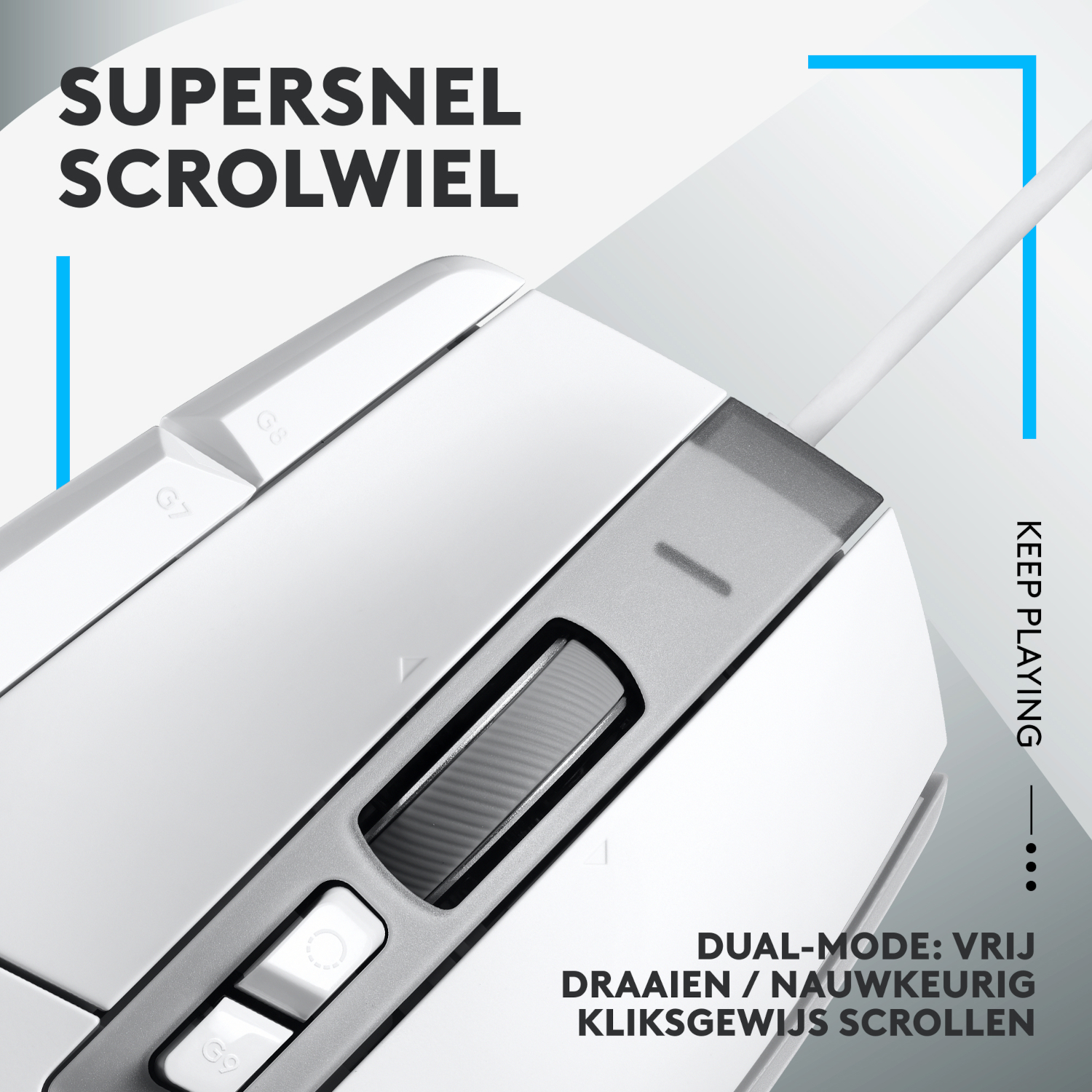 A white and gray computer mouse with a scrolling wheel. Text says "SUPERSNEL SCROLWIEL".