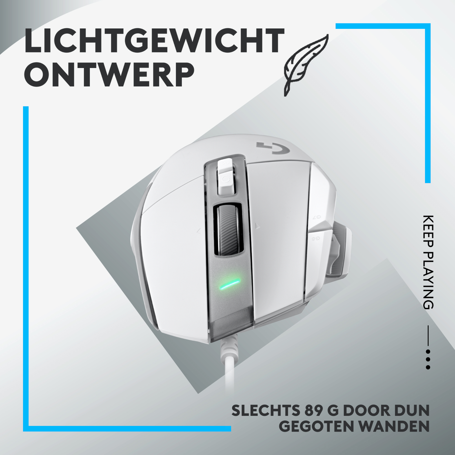 White gaming mouse with blue accents. Text reads 'LIGHTWEIGHT DESIGN' and 'KEEP PLAYING'.
