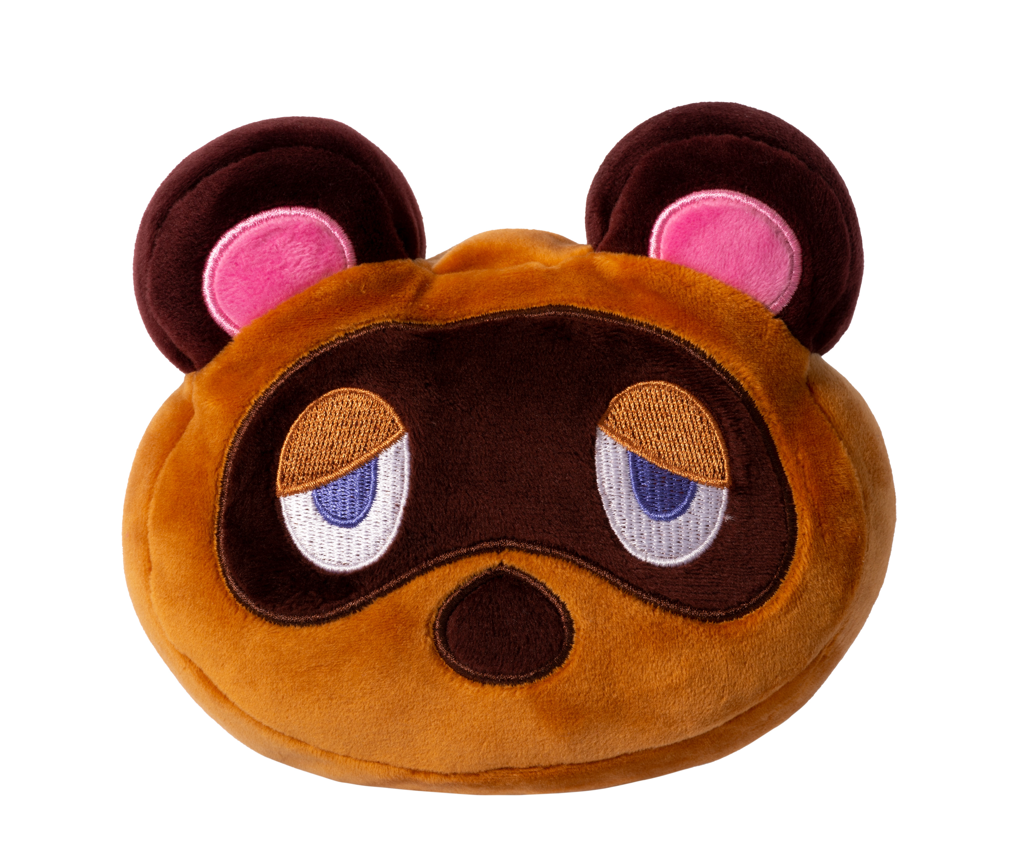 Ein Plüschkopf von Tom Nook aus Animal Crossing. Er ist braun mit rosa Ohren und blauen Augen.