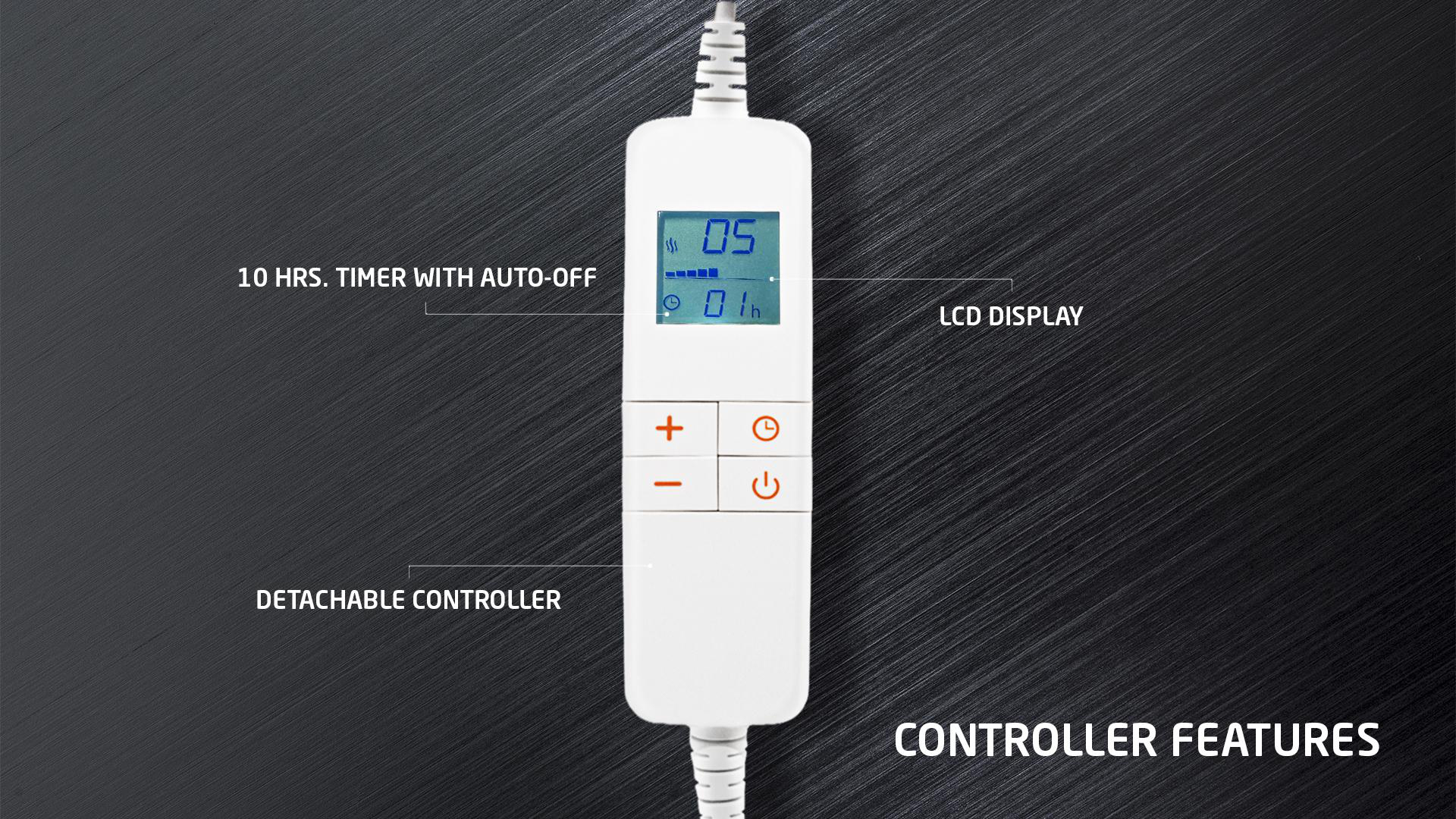 Weißer, abnehmbarer Controller mit LCD und Tasten. Textbeschriftungen.